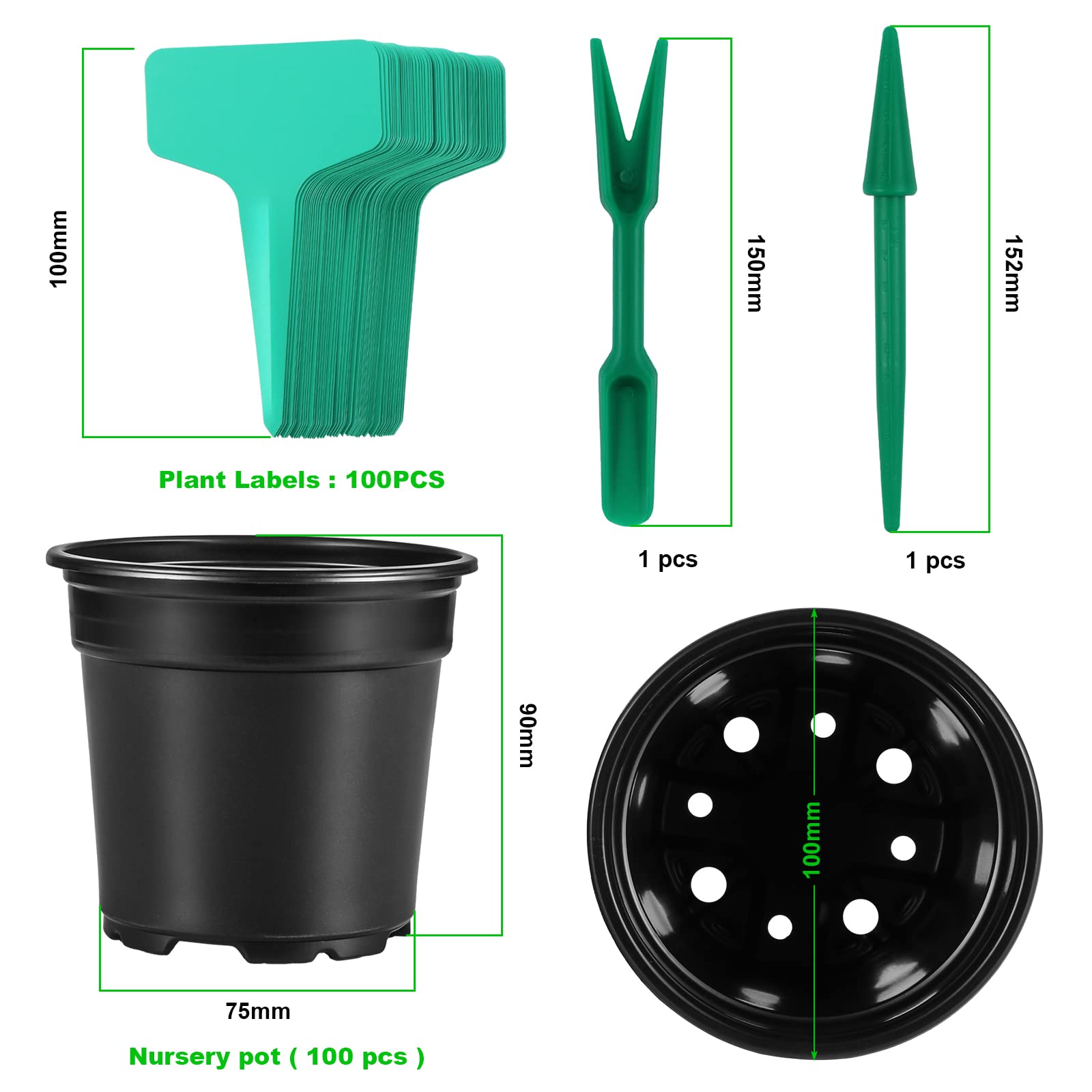 Coolty 100 Stück Pflanzentopf Pflanztöpfe Untertopf, Töpfe Pflanzen mit Pflanzenetiketten und 1 Set Mini Werkzeuge zum Umpflanzen, Schwarz (4 Inch)