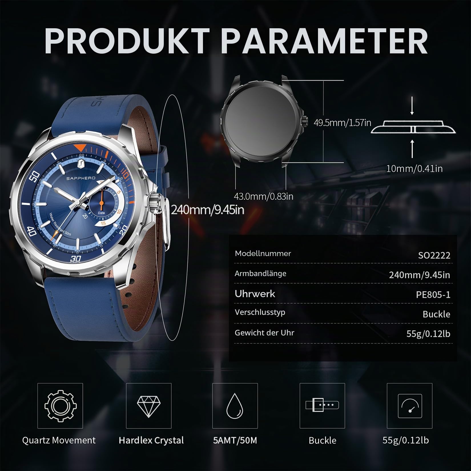 SAPPHERO Herren Analog Quarz Uhr mit Datum & arabischen Ziffern, 50 m wasserfest, Leuchtend, Business-Sport Design, Edelstahl- & Lederarmband, Geschenk für Männer