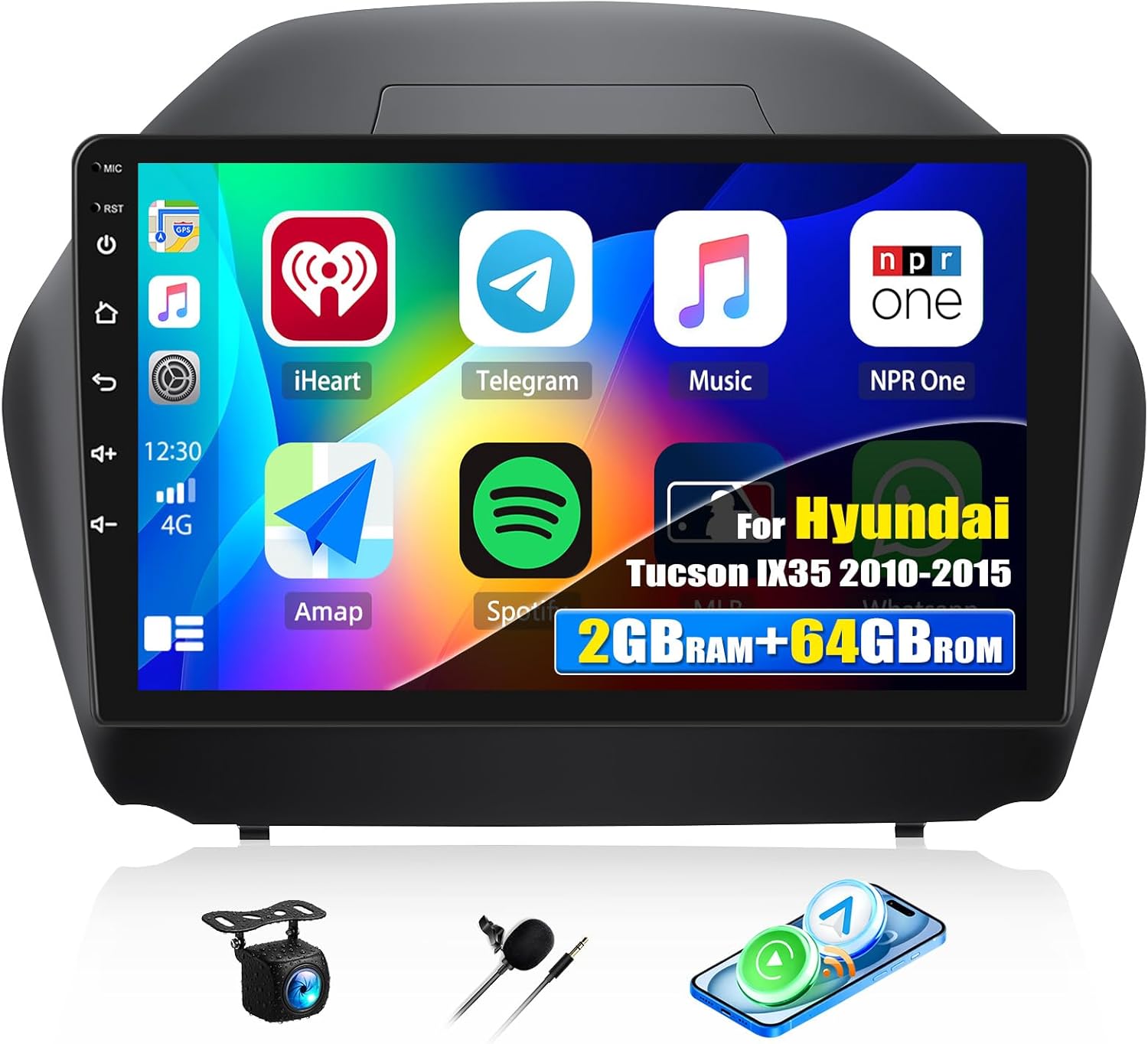 2+64G Android Car Stereo for Hyundai Tucson IX35 2010-2015 with Apple Carplay Android Auto Mirror Link 10.1 inch Touch Screen FM RDS HiFi Bluetooth WiFi GPS+Camera&MIC