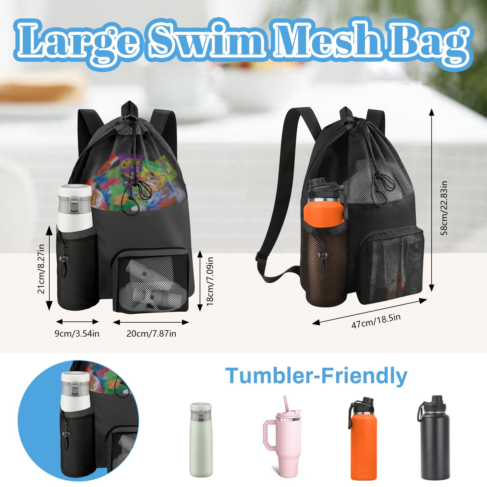 Mochila de malla para natación con cordón, Bolsa de playa ajustable para hombres y mujeres
