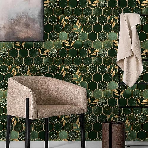 Miniatura 3 de Papel tapiz de mosaico geométrico vintage verde dorado con forma de panal de abeja, fácil de despegar, autoadhesivo, extraíble, para armario de