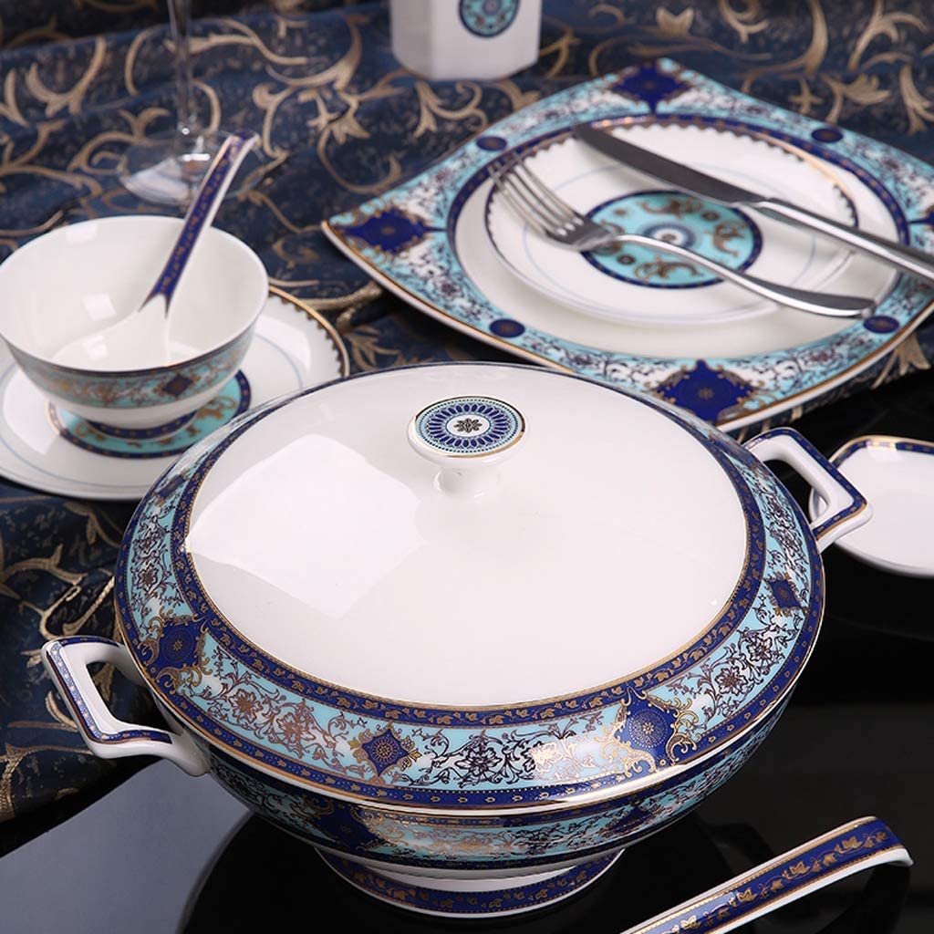 SAeWare Juego de vajilla de cerámica con 55 piezas/cuenco/olla de sopa/cuchara, vajilla de porcelana de hueso, juego de combinación de porcelana con patrón de jardín azul