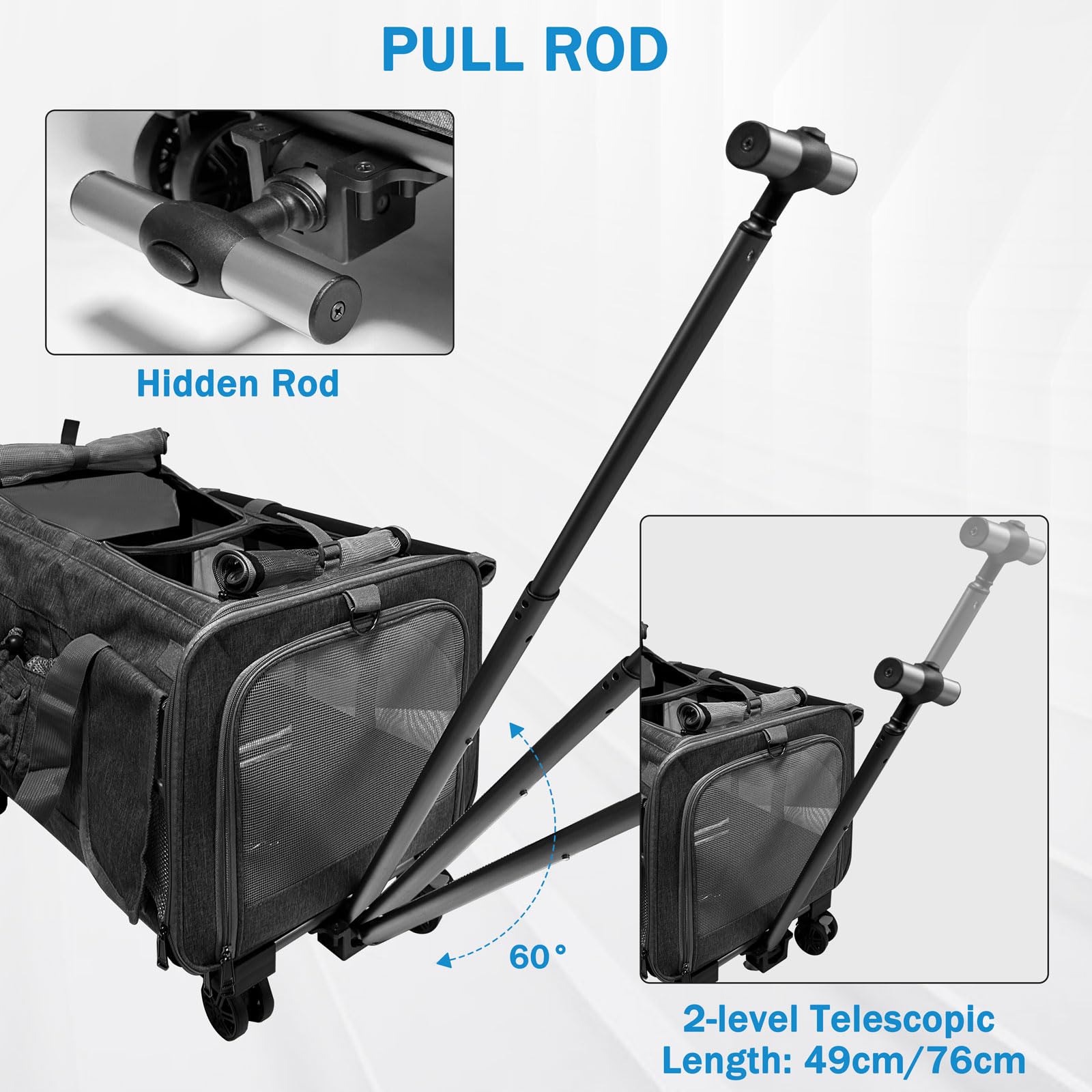 Trasportino per 2 Gatti/Cani, con 2 Cabine + 4 Ruote + Manico Telescopico, Trasportino Pieghevole per Gatto Grande fino a 20 kg, Ideale per Visite Veterinarie, Viaggi in Auto (Nero)