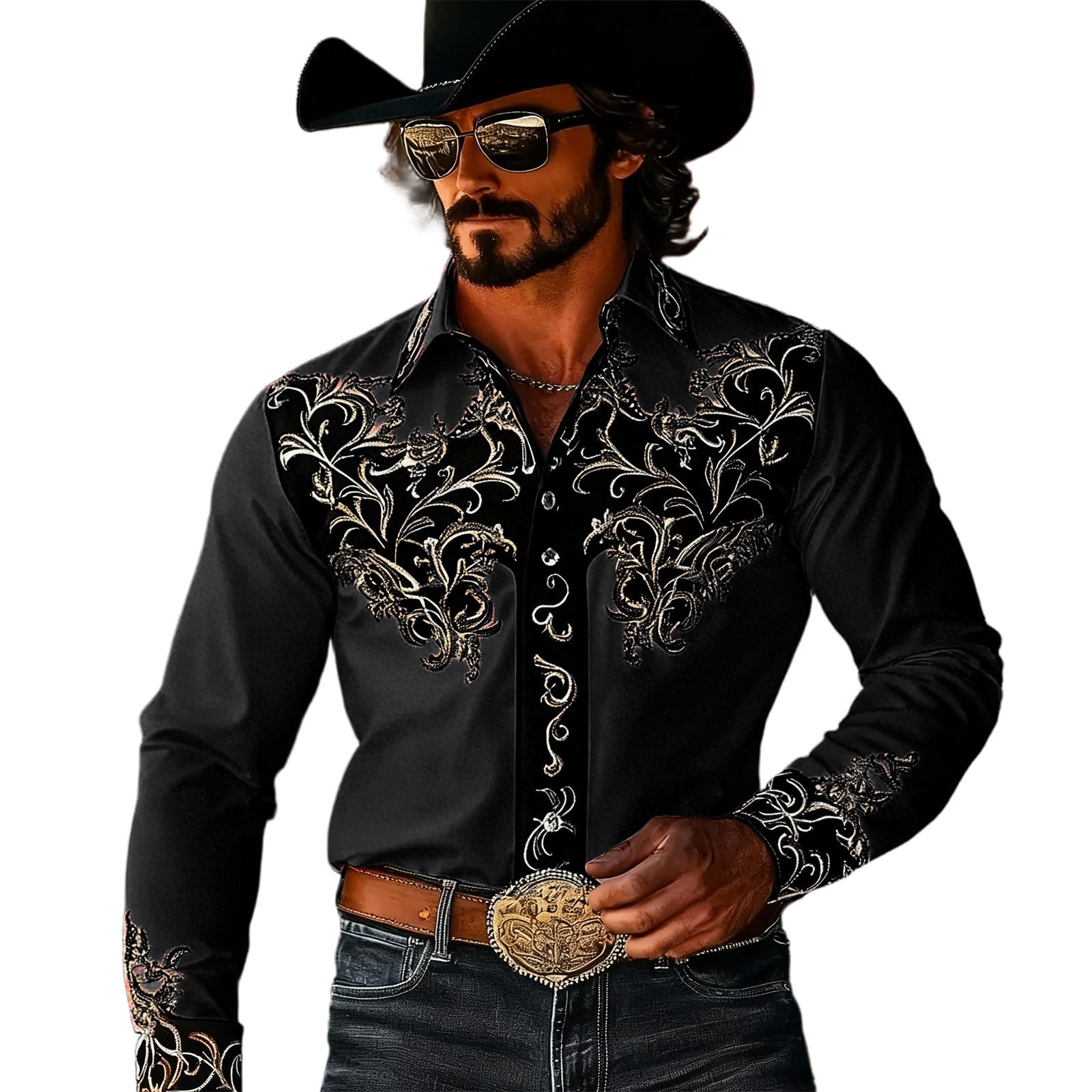 Fancy Dress Shirts Men's Cowboy Costume Long Sleeve Retro Western Shirt Western Lapel Shirt Vintage Style Long Sleeve Shirt with Ornament Pattern Festive Party Shirt for Theme Party Country Festival