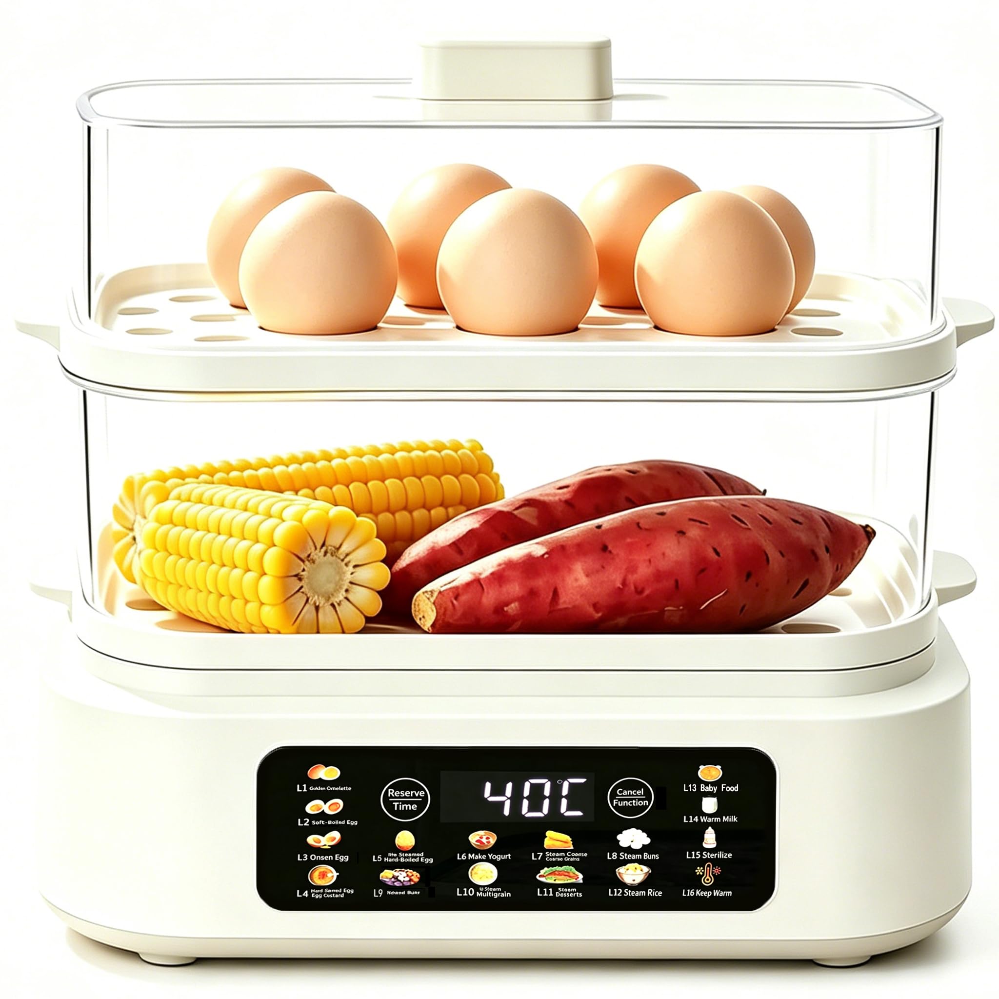 Photo 1 of 16-in-1 Double Layer Electric Egg Cooker, Rapid Multi Food Steamer with Digital Timer & Auto Shut Off, Makes Hard/Poached Eggs, Omelets, Steams Corn Sweet Potato Dumplings
