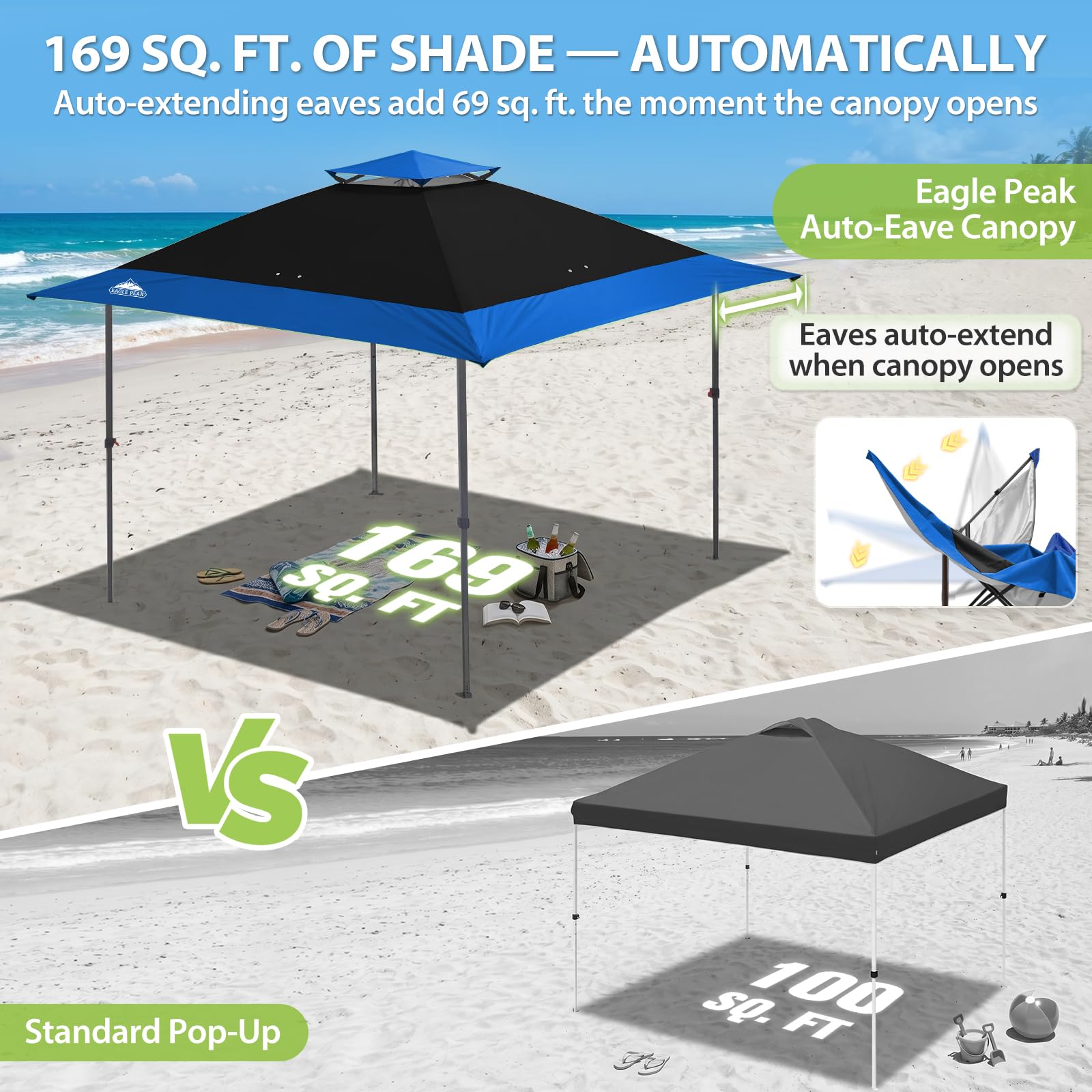 EAGLE PEAK Schräge Beine Faltbar Pavillon 4x4m Wasserdicht Camping Pop-up Faltpavillon mit Seitenteil, inkl. Rucksack, Blau/Schwarz