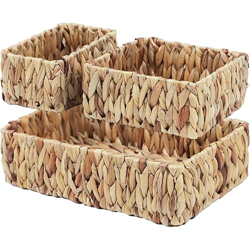 Wicker Baskets for Storage, Water Hyacinth Storage Baskets for Organizing, Woven Baskets for Shelves, Decorative Rattan Basket for Pantry Bathroom, Set of 3 (Large, Medium, and Small)