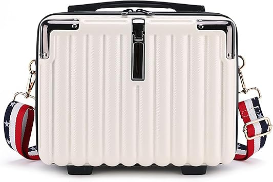 Mini Suitcase Hard Shell Makeup Case Stress-Resistant ABS Hard Makeup Travel Case Portable Hand Luggage with Shoulder Strap for Travel Camping Home Organizer White