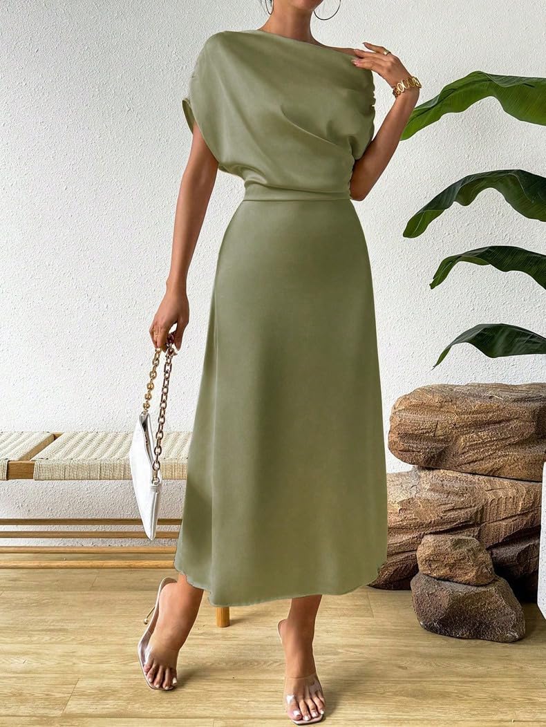 Vestito Donna Abiti da Ballo Monospalla in Raso per Donna Eleganti Midi con Maniche A Pipistrello Asimmetrici E Arricciati con Giunture Abito Estivo A Trapezio da Sera Formale