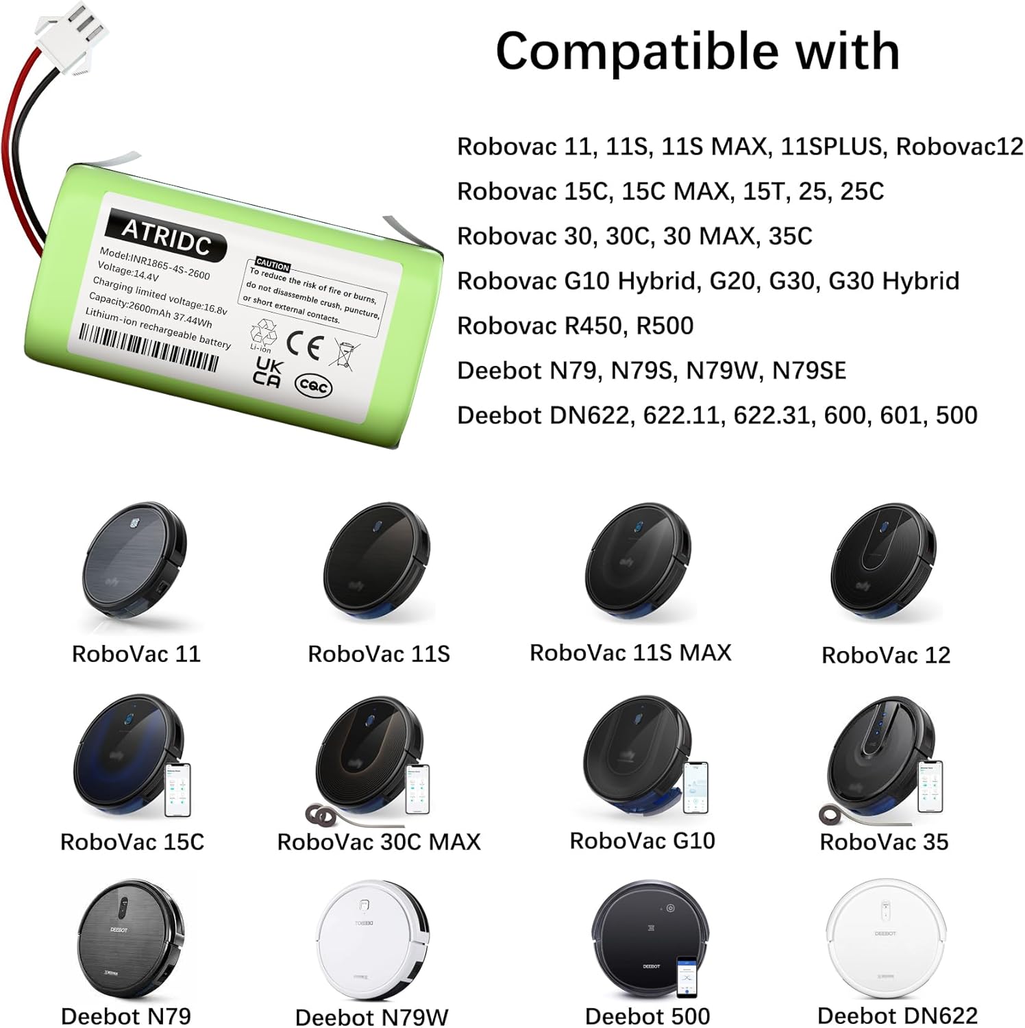 Replacement Battery Compatible with eufy RoboVac 11S Battery 11C 11SPlus 11S MAX 12 15C 15C MAX 15T 25C 30C 35C G10 Hybrid G30 Edge R500 R450 and EcovacsDeebot N79 N79S N95 DN622 661(14.4V 2600mAh)