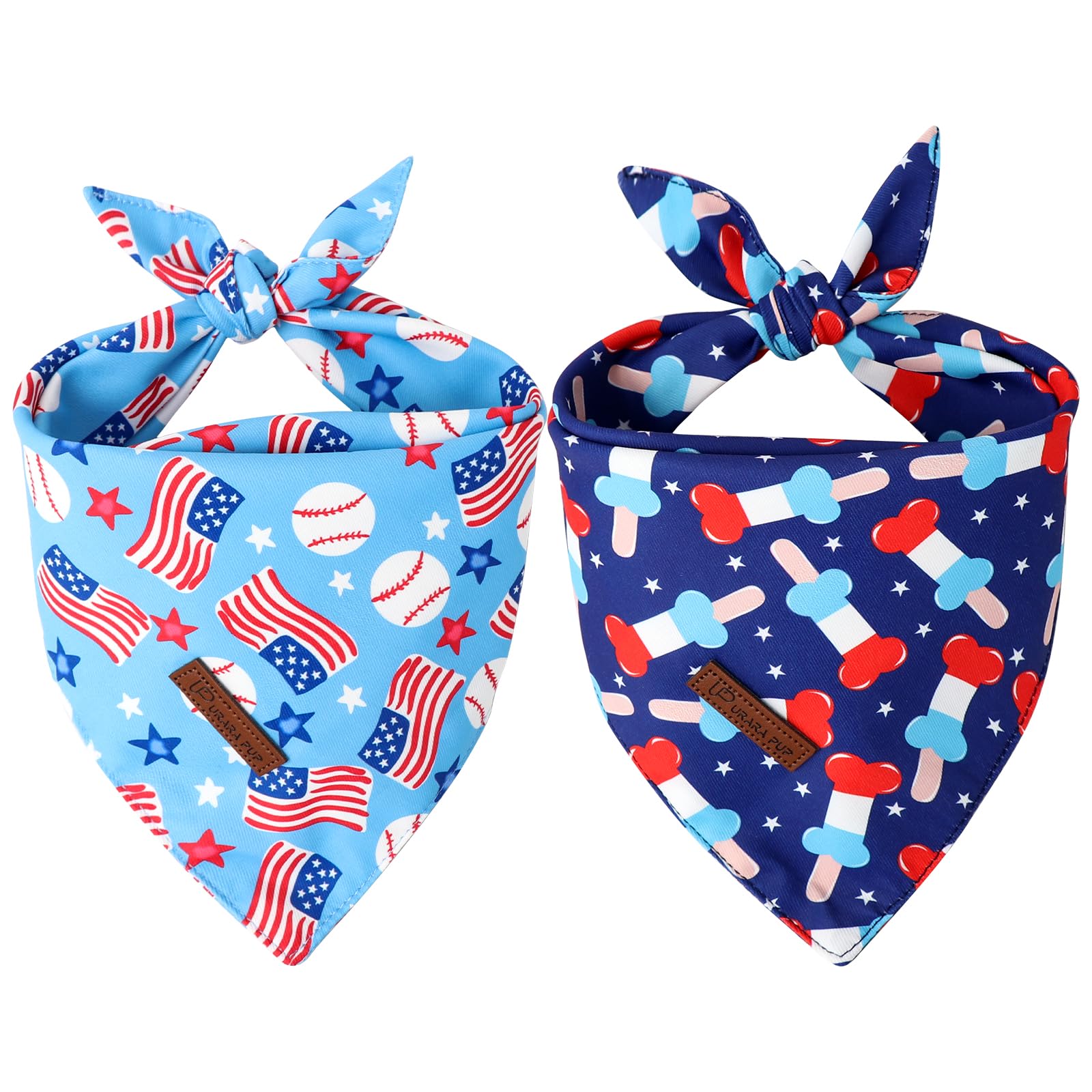 UP URARA PUP Flag Dog Bandana Pack of 2–4th 0f July Bandanas & Baseball Puppies Triangle Bibs Summer Dog Bandanas, Adjustable Cotton Triangle Scarves