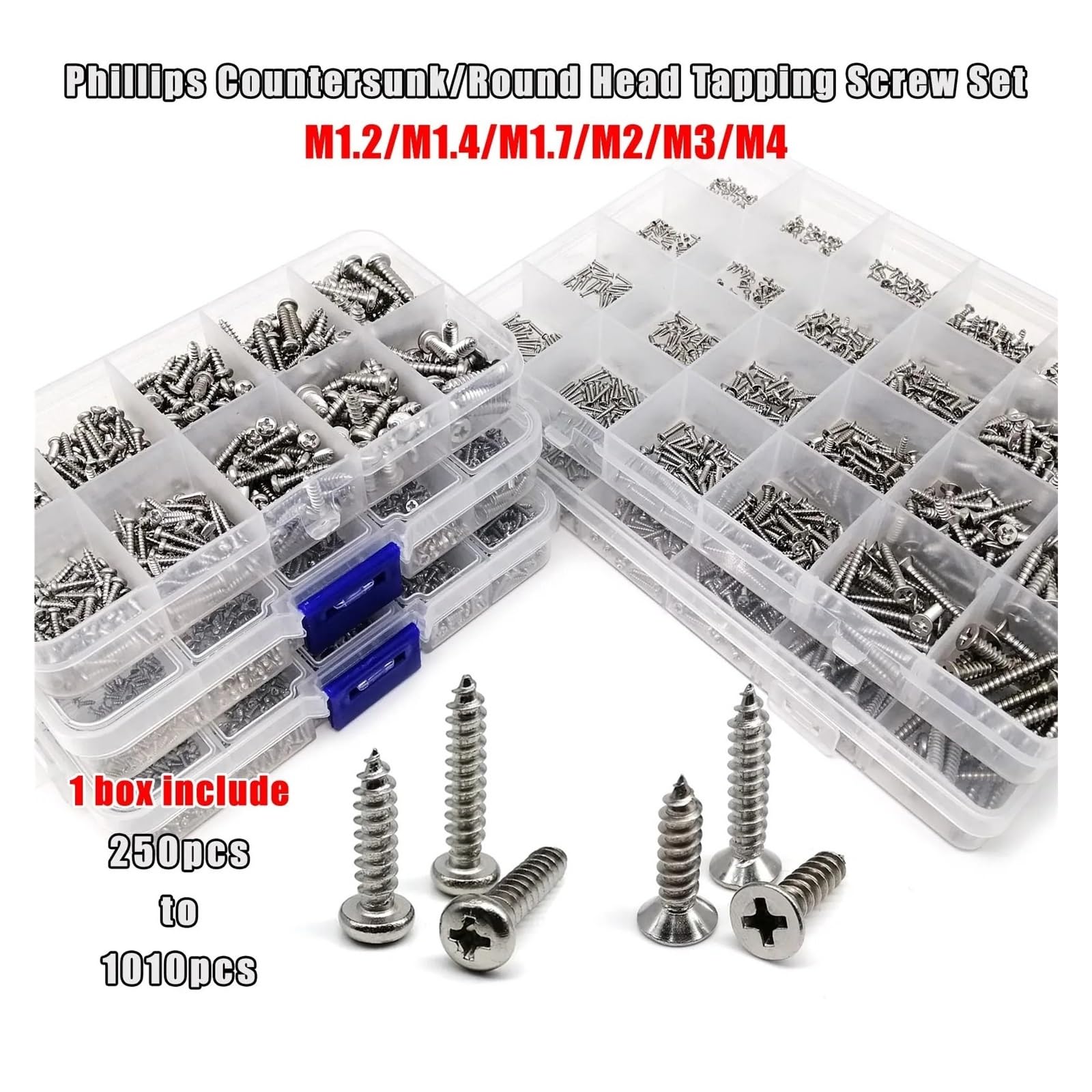 M1.2 M1.4 M1.7 M2 M3 M4 Kit Surtido De Tornillos Autorroscantes for Madera Phillips De Acero Inoxidable 304 Con Cabeza Plana Avellanada(Countersunk 1010pc)