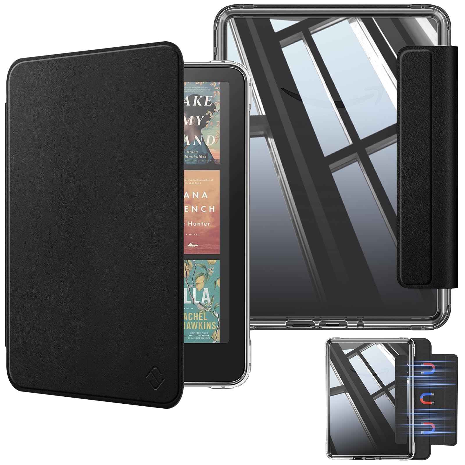 FINTIE Coque Magnétique Détachable pour 7" Kindle Paperwhite (12e Génération, 2024) et Kindle Colorsoft (1re Génération, 2025/2024), Étui Transparent Antichoc avec Bord TPU, Noir