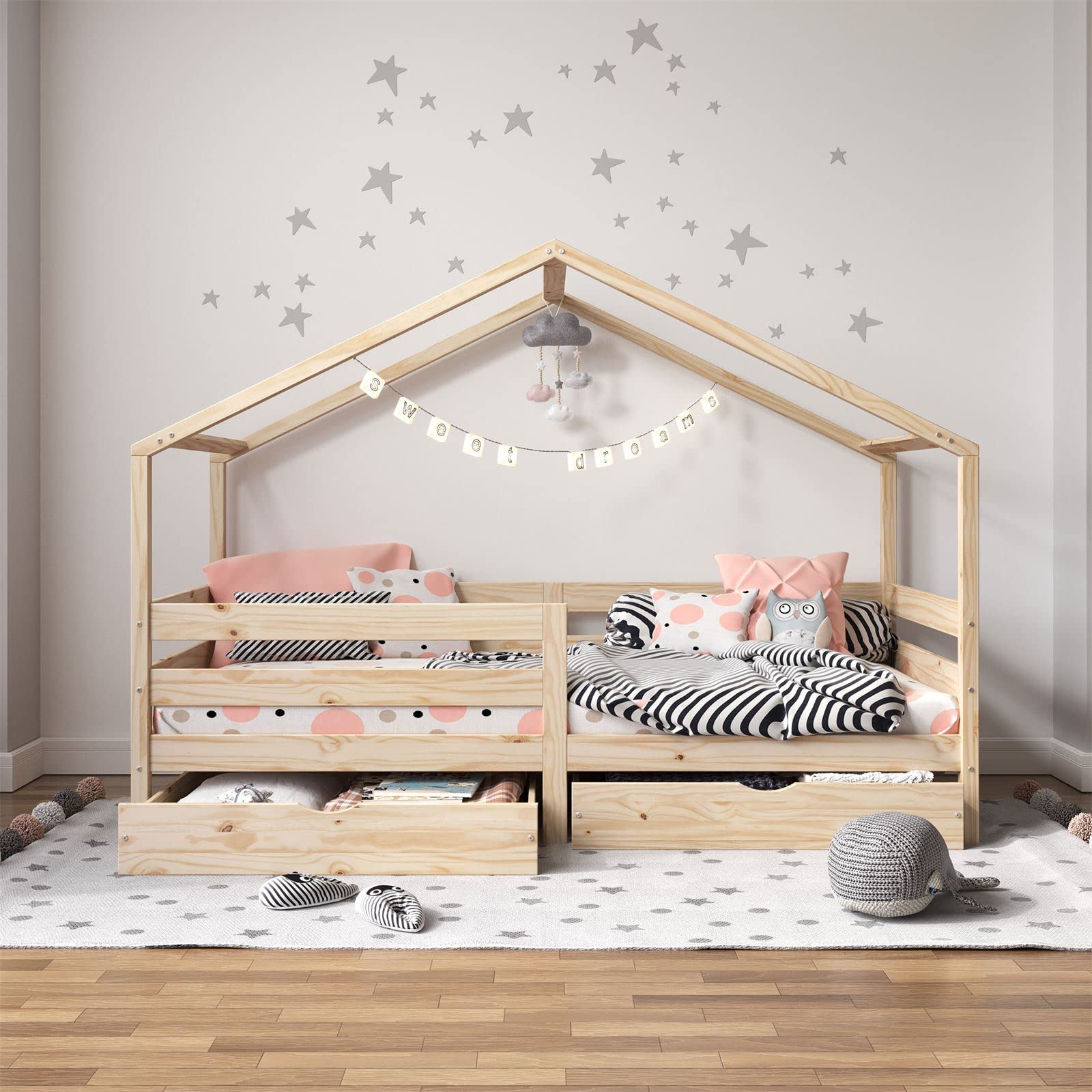 IDIMEX Hausbett ENA aus massiver Kiefer, schönes Montessoribett in 90 x 200 cm, Kinderbett mit Rausfallschutz, stabiles Spielbet mit Dach und 2 Schubladen in Natur