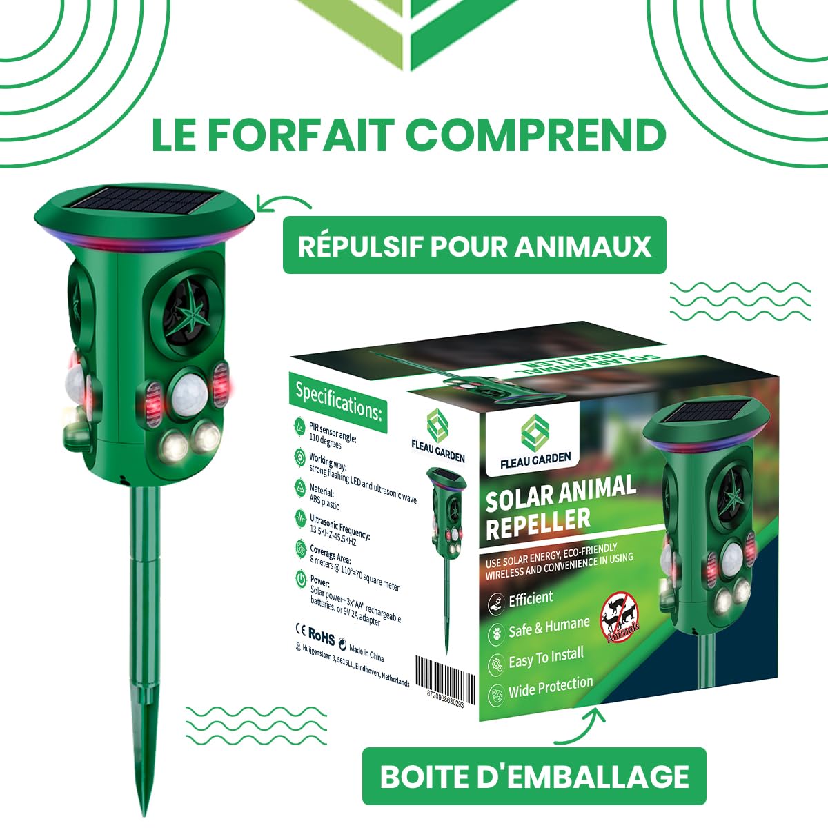 Fleau Garden Cat Repeller Pro - Répulsif Animaux - Ultrasons - Énergie Solaire - martres - Répulsif Pigeons - nuisibles - Étanche (Vert - Protection 360°)