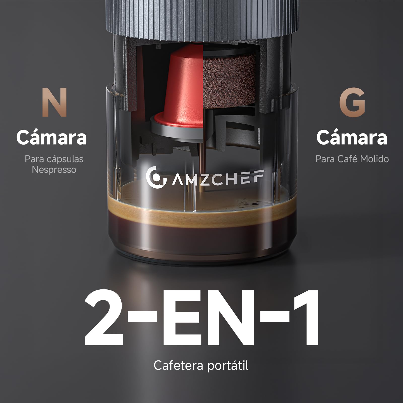 AMZCHEF Cafetera de café portátil con batería de 20 bares con USB-C y pantalla digital – Compatible con cápsulas y café en polvo – Cafetera para llevar para viajes, camping, aluminio
