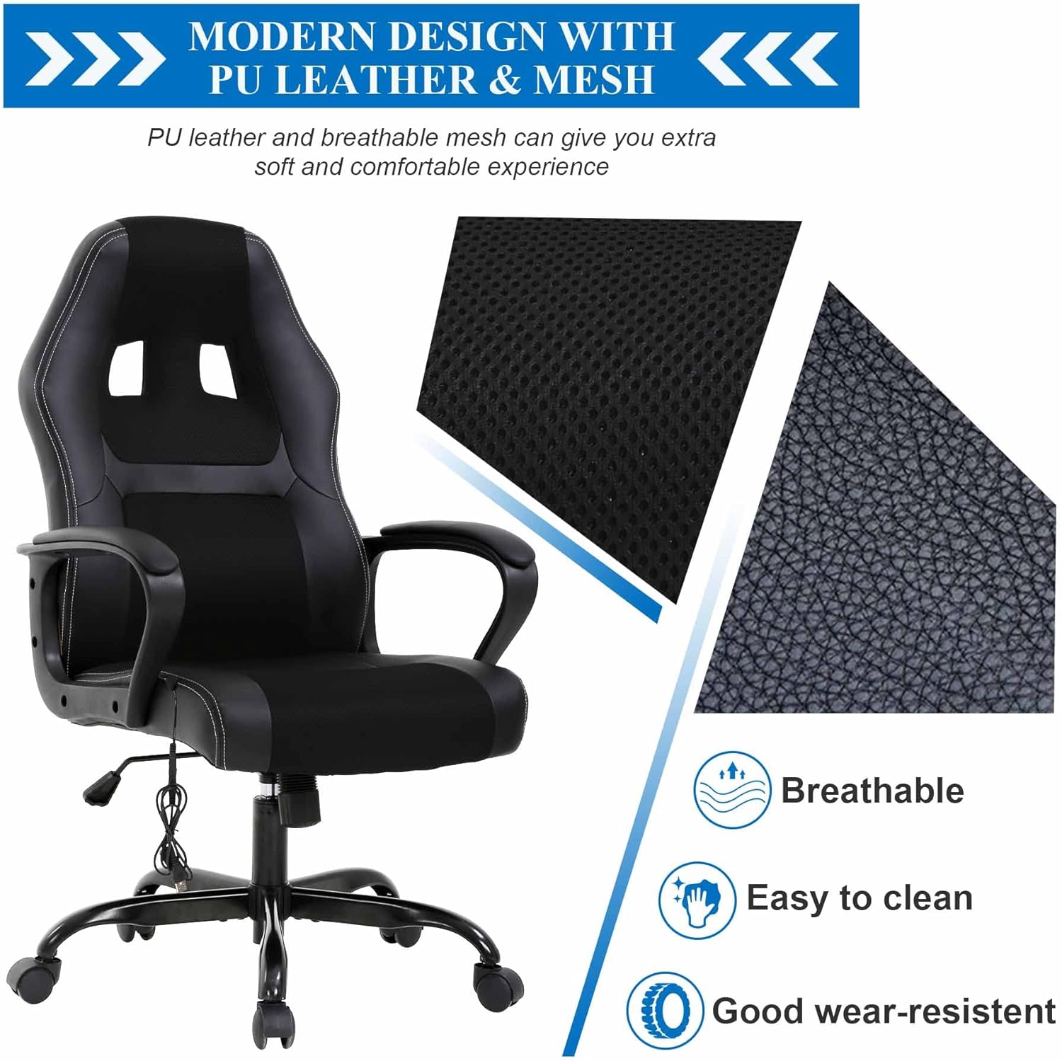 PC Office Chair Gaming Desk Chair, Ergonomic Heavy Duty Leather Racing Video Game Office Chair with Massage Function Lumbar Support for Home Office Computer Gaming Chairs Video Game Chairs - Black