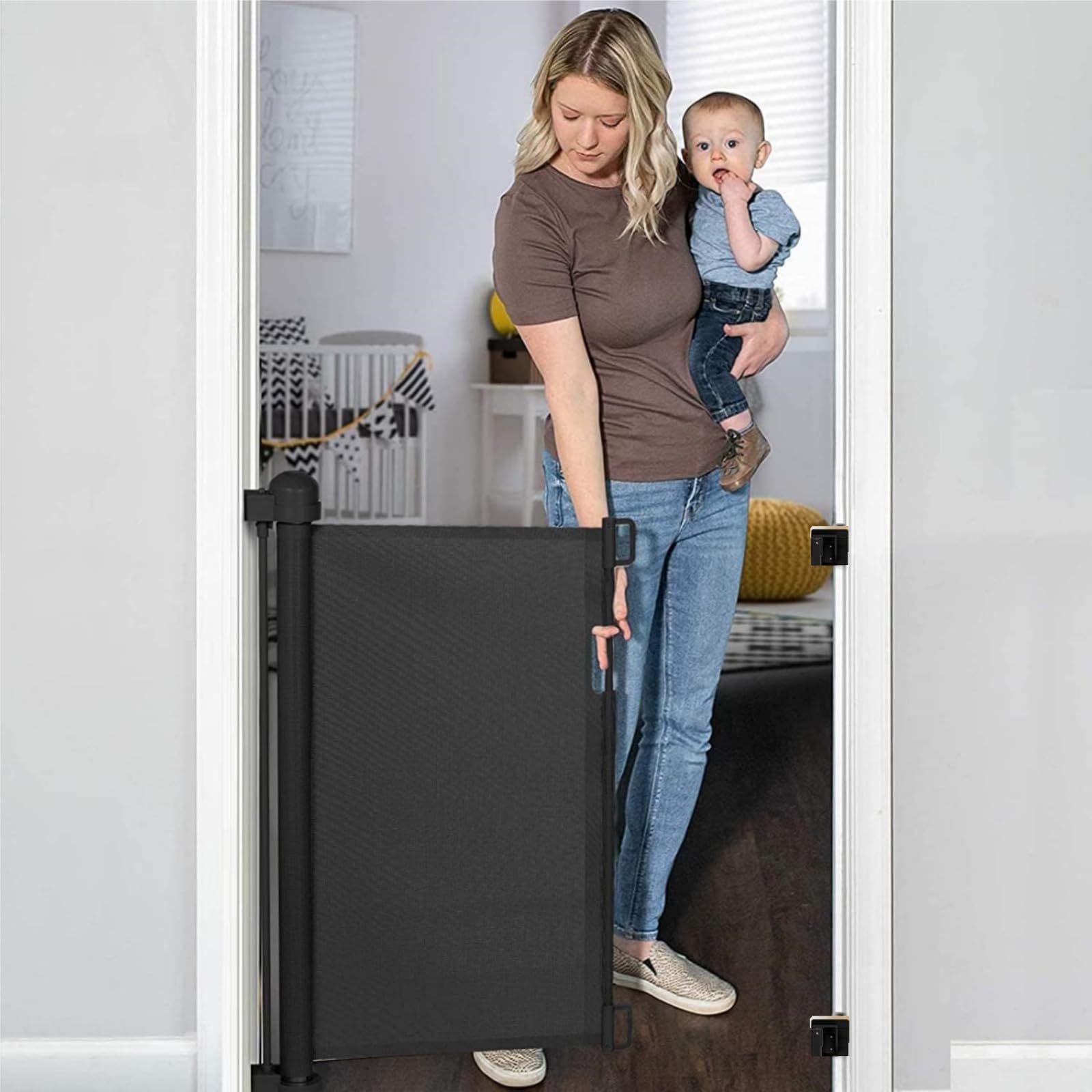 Hcosmy Retractable Baby Gate, Mesh Baby Gate or Mesh Dog Gate, Extra Wide Safety Baby Gate 34" Tall, Extends to 55 Wide, Pet Dog Gate for Stairs, Indoor/Outdoor (Black 55"x34")
