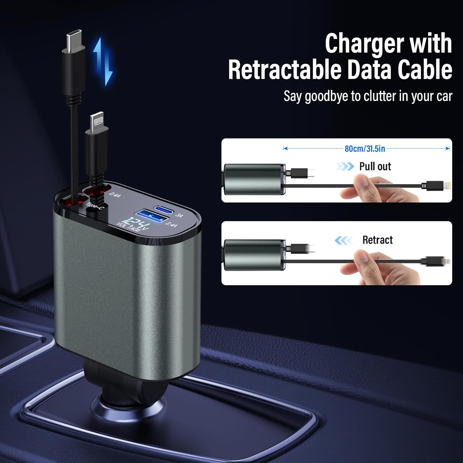 BOOTEEK Chargeur Voiture Rétractable 4 en 1 120W, Charge Rapide USB & USB-C avec Affichage Tension 12V/24V pour Smartphone, Tablette & Ordinateur Portable - Image détaillée