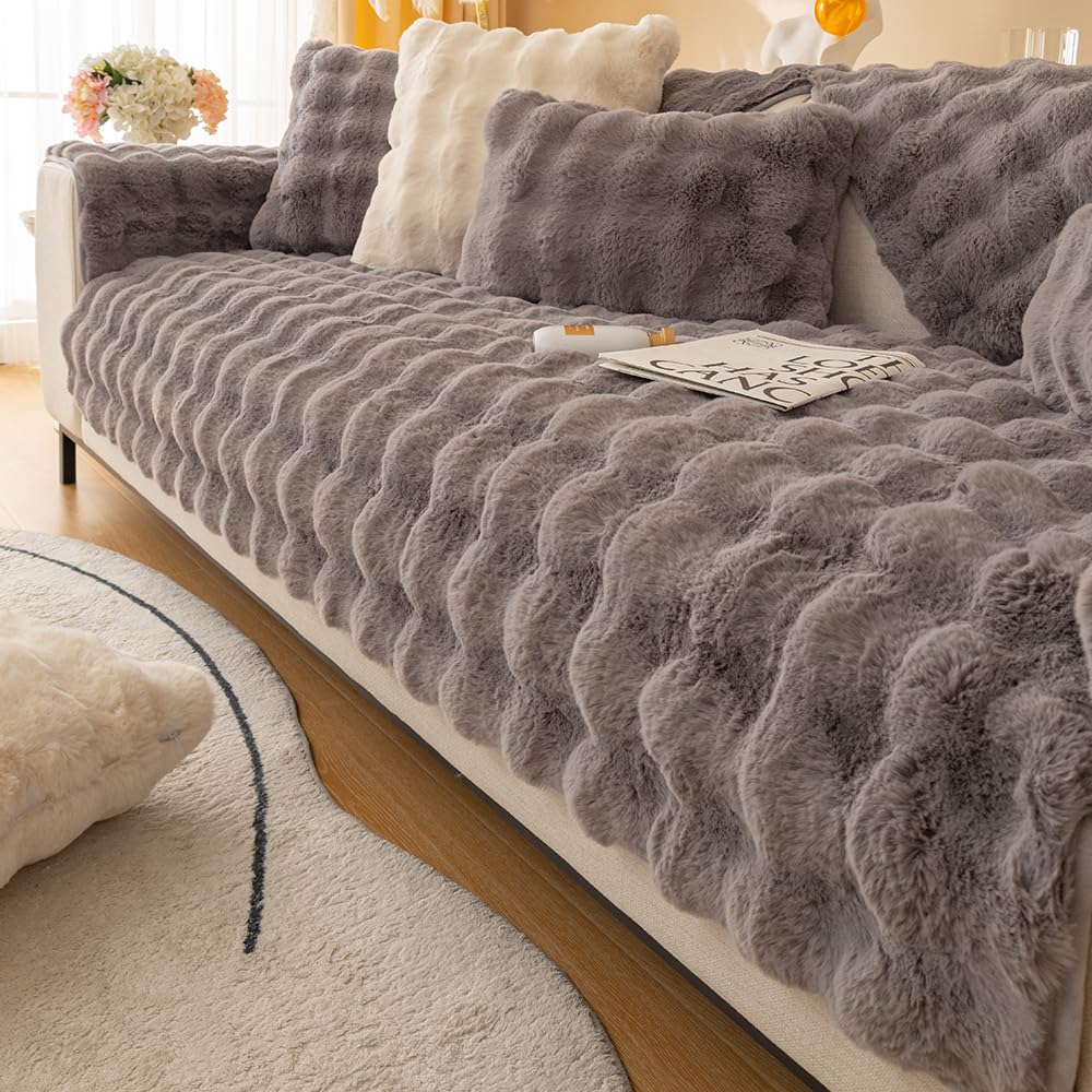 CANYUE Thick Rabbit Plush Sofa Covers, Non-Slip Sofa Slipcovers, Furniture Protector Sofa Covers for 3 Cushion Couch Loveseat Recliner L Shaped Armrest Backrest (Dark grey,90x180cm)