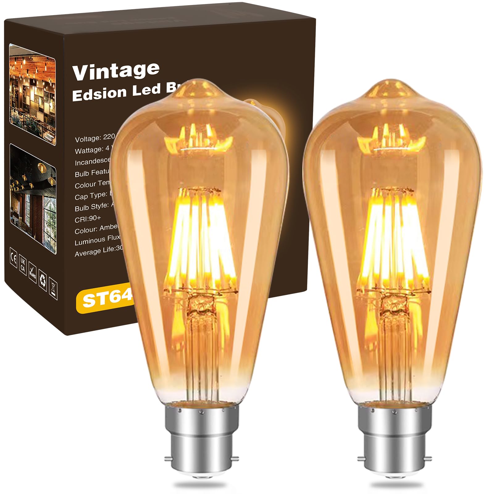 YOUDIAN Vintage Bayonet LED Light Bulb 4W,40 Watt Equivalent,B22 ST64 2700K Warm White Bulb,Antique/Retro Amber Glass Lamp,Not-dimmable,Bayonet LED Filament Lamp Squirrel Cage,400LM