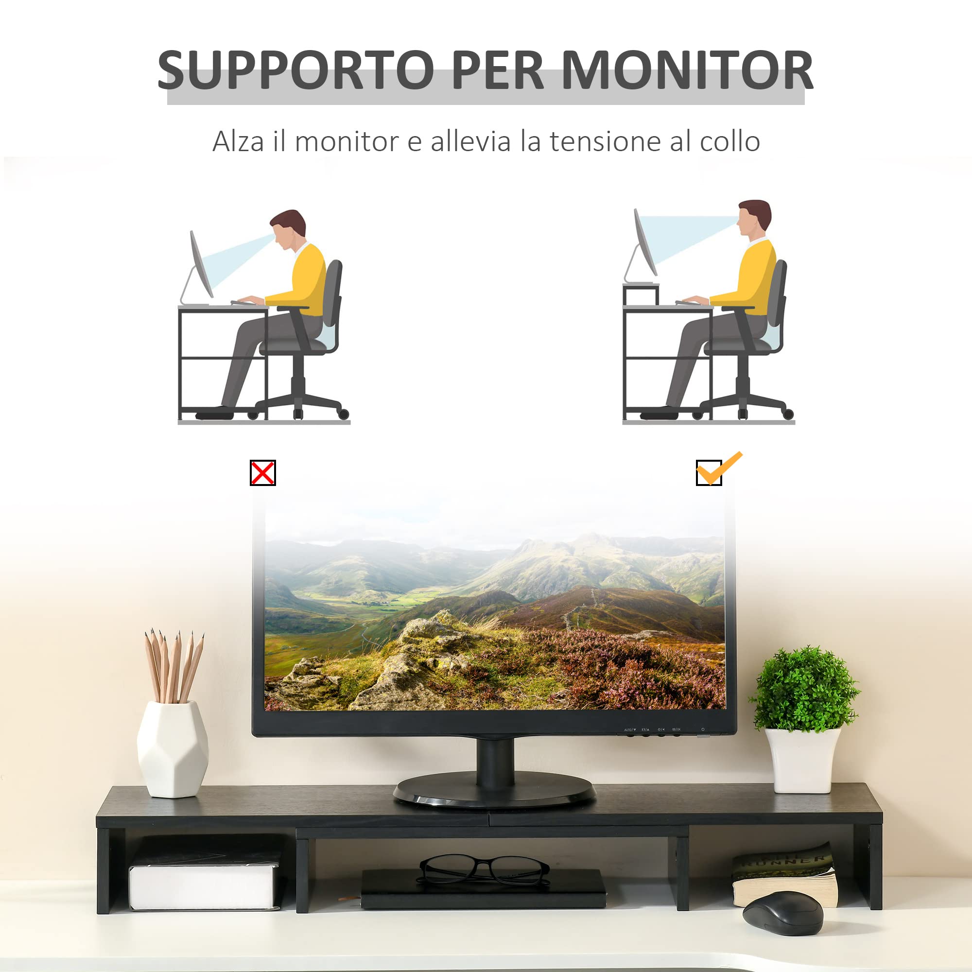 Vinsetto Soporte Elevador para Monitores de Madera Ajustable en Longitud y Ángulo para 2 Pantallas de Ordenador Portátil 80-117x23,5x10 cm Negro