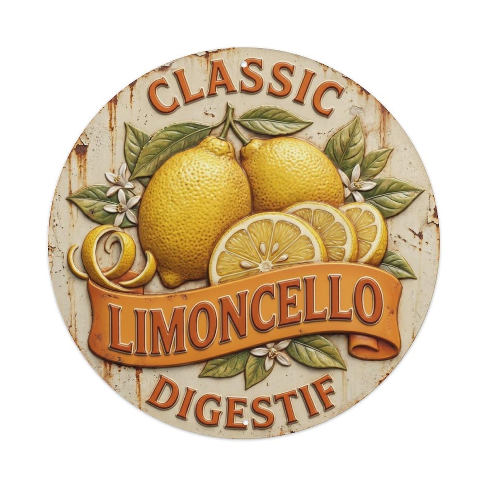 Fqcyn Style Classic Digestif Badge Classic Italian Limoncello Limoncello Metal Tin Sign Plaque Wall Decor For Cafe, Club Bar, Office, Home Garden Round Metal Poster 8X8inch