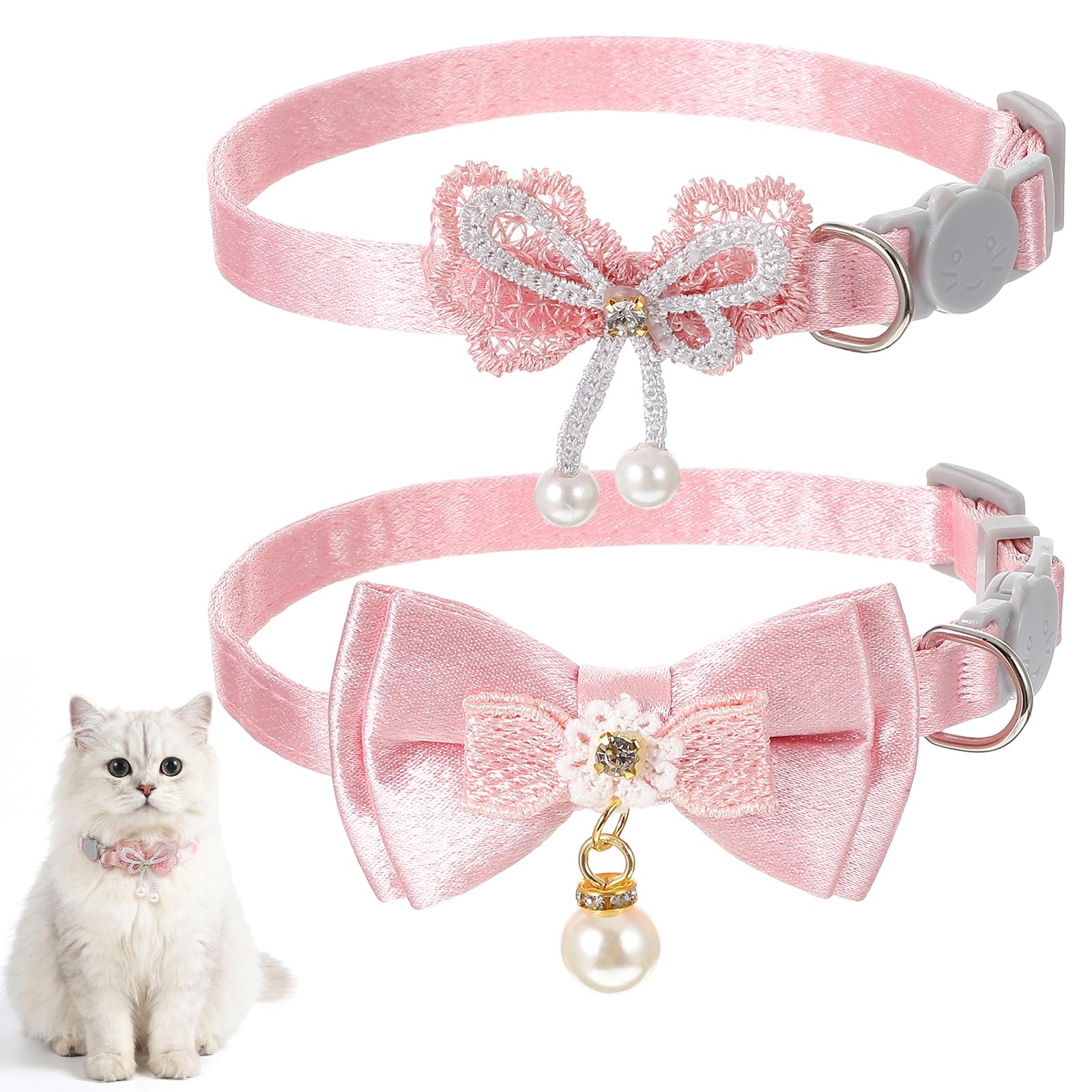 Muiltvoe 2 Pcs Kitten Collar, Cute Pink Cat Collar with Bow and Bell Adjustable Breakaway Safety Bowtie Collars for Girl Pets