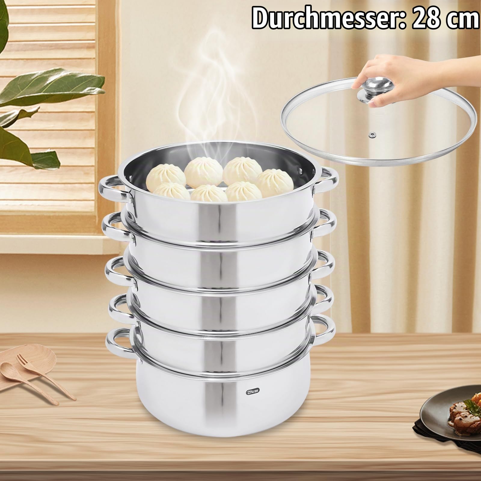 5-Lagiger Edelstahl Dampfkocher Dampfgarer Induktion Dampfgarer Dampfkocher Edelstahl Dampfgarer-Set 5-Lagiger mit Glasdeckel für Gemüse, Fisch, Suppe, Knödel (28CM)