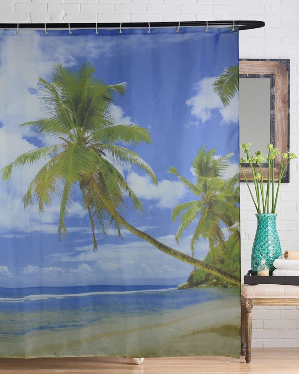 Beach Shower Curtain, Tropical Palm Trees on An lsland Sandy Ocean Decor Fabric Shower Curtains Set with Hooks, 72 x 72 Inch, Blue Green (Palm Tree)