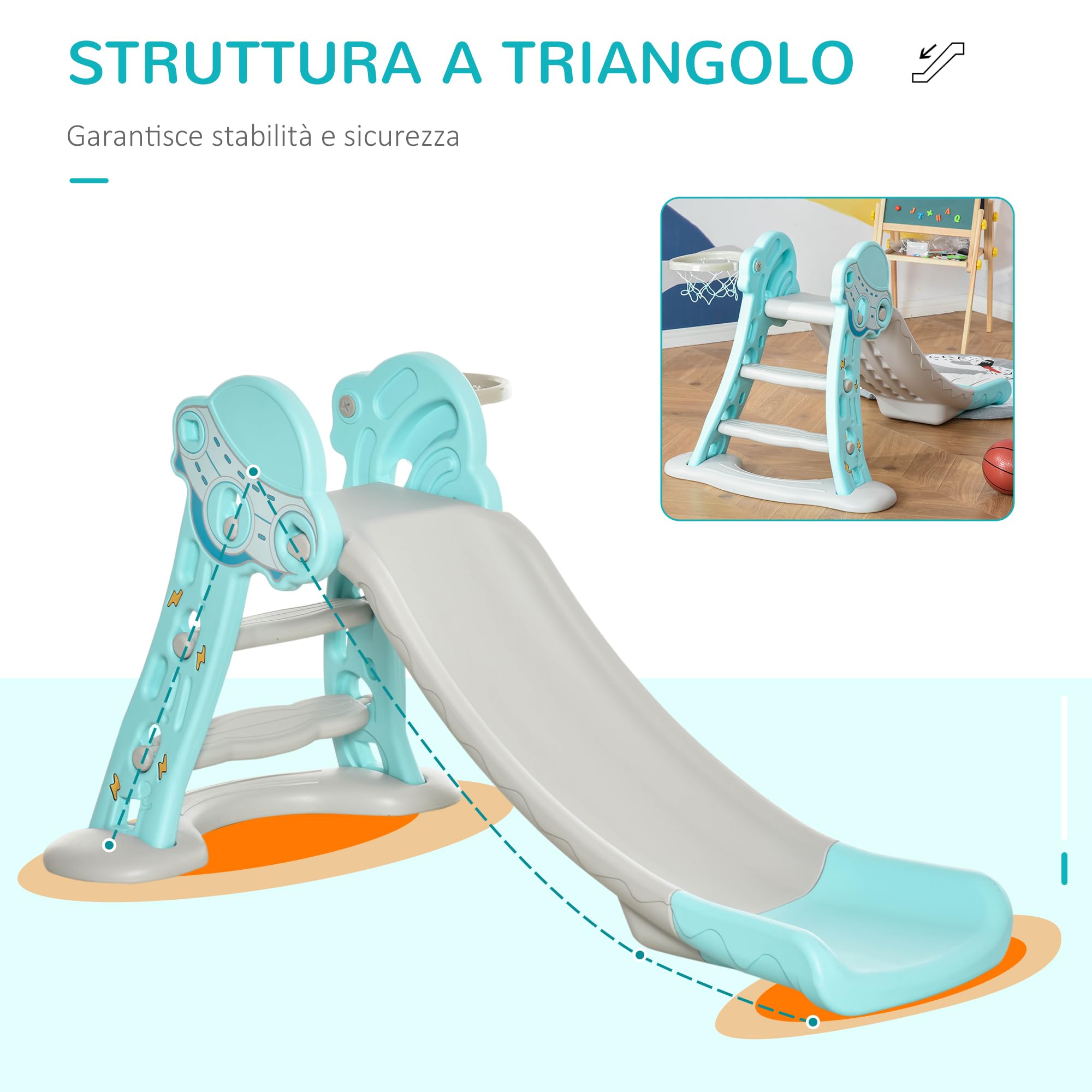 HOMCOM Scivolo per Bambini da 18 Mesi Pieghevole con 3 Scalini e Canestro Basket, Scivolo da Interno ed Esterno, 140x87x75cm, Blu e Grigio