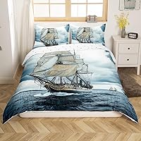 Vista 3 de Erosebridal Juego de funda de edredón náutica, tamaño Queen, diseño retro de velero, para niños, adolescentes, niños, funda de edredón con temática