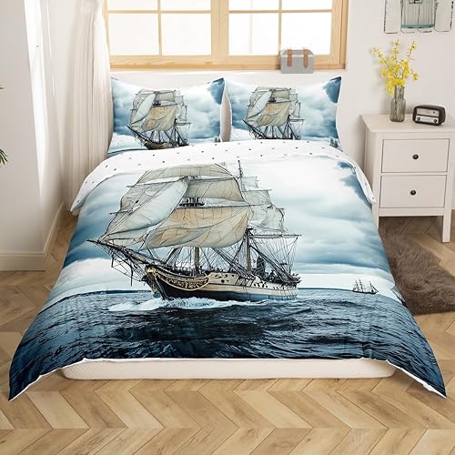 Miniatura 3 de Erosebridal Juego de funda de edredón náutica, tamaño Queen, diseño retro de velero, para niños, adolescentes, niños, funda de edredón con temática