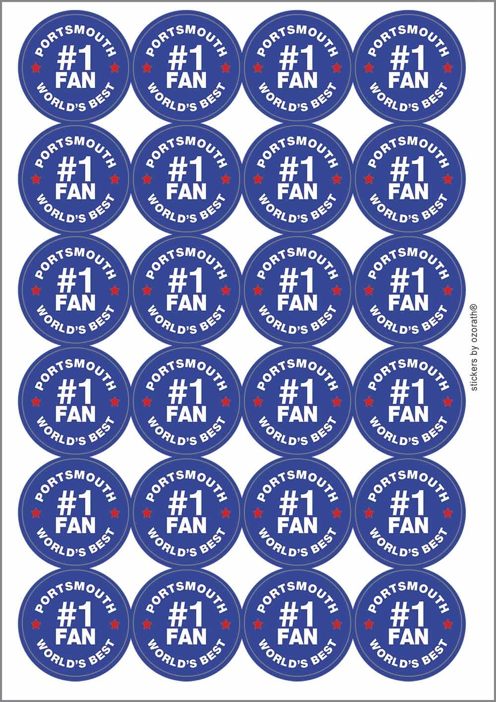 Portsmouth #1 Fan Circular Matt Paper Stickers A4 Sheet of 24 (Each Sticker is 45mm Diameter)
