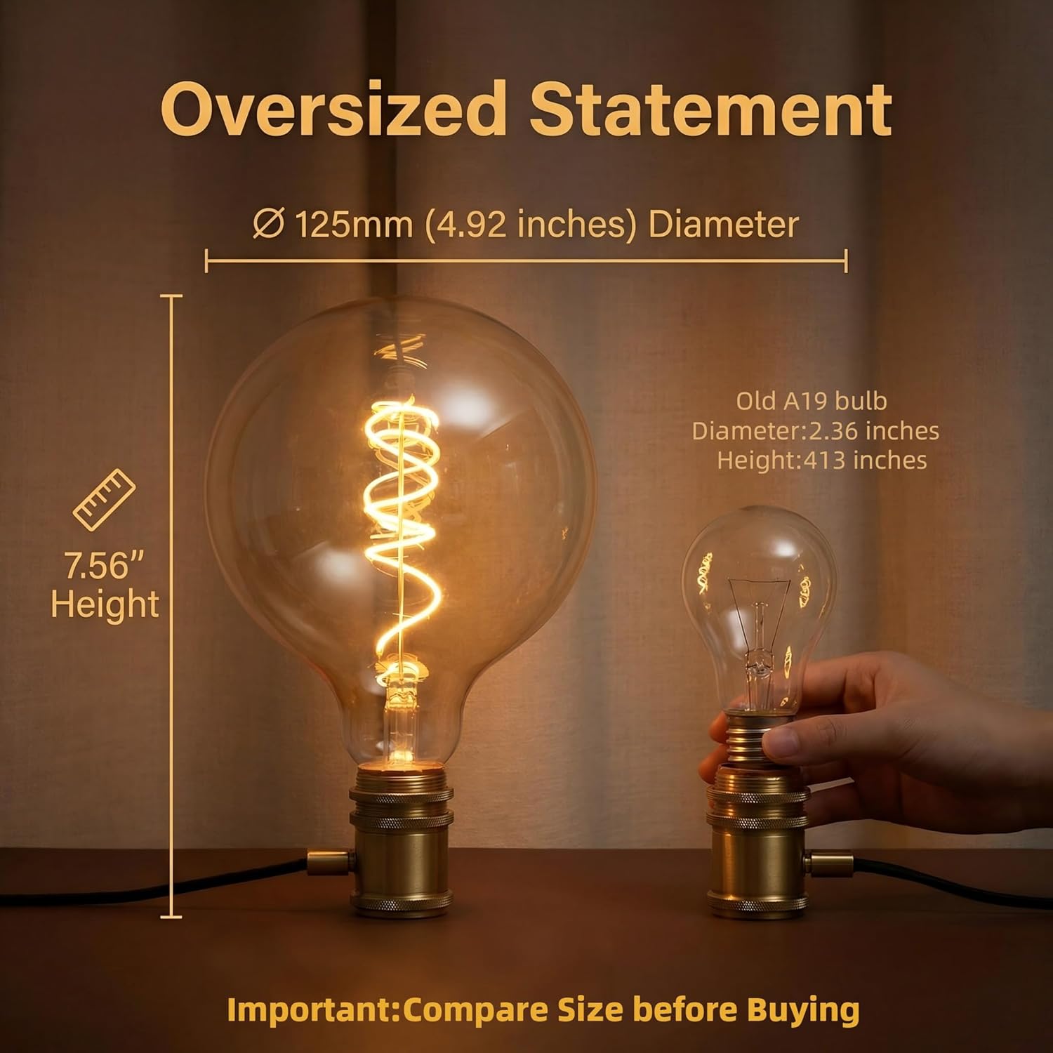G125/G40 Large Vintage Oversized LED Edison Bulb Amber Glass 2200K Warm White Dimmable Light Bulb,6W E26 Base Antique Bulb for Pendant Lights & Floor Lamps (2 Pack)