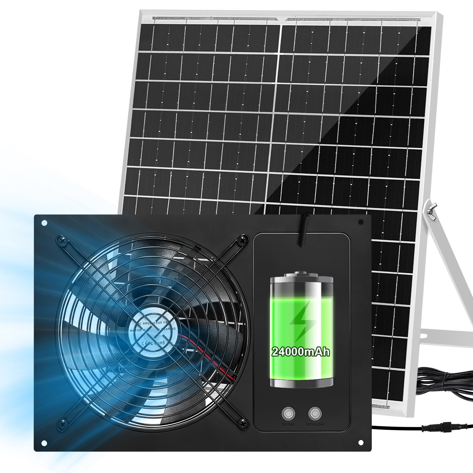 Solar Exhaust Fan Run Day & Night, 7.1" Solar Powered Fans with 25W Large Solar Panel, Waterproof Solar Fan with 24000mAh Battery for Shed, Chicken Coop, Greenhouse, RV, Ventilation, Outdoor Cooling