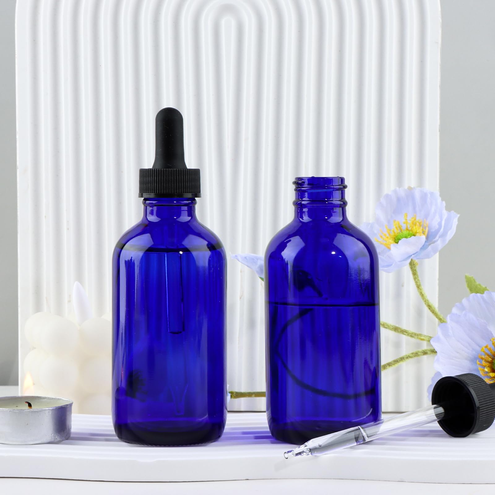 42 Stück kobaltblaue Glasflaschen mit Glasaugentropfen für ätherische Öle, Parfüms und Laborchemikalien (Pinsel, Trichter, 3 zusätzliche Pipetten, 48 Etiketten und 30 ml Messbecher im