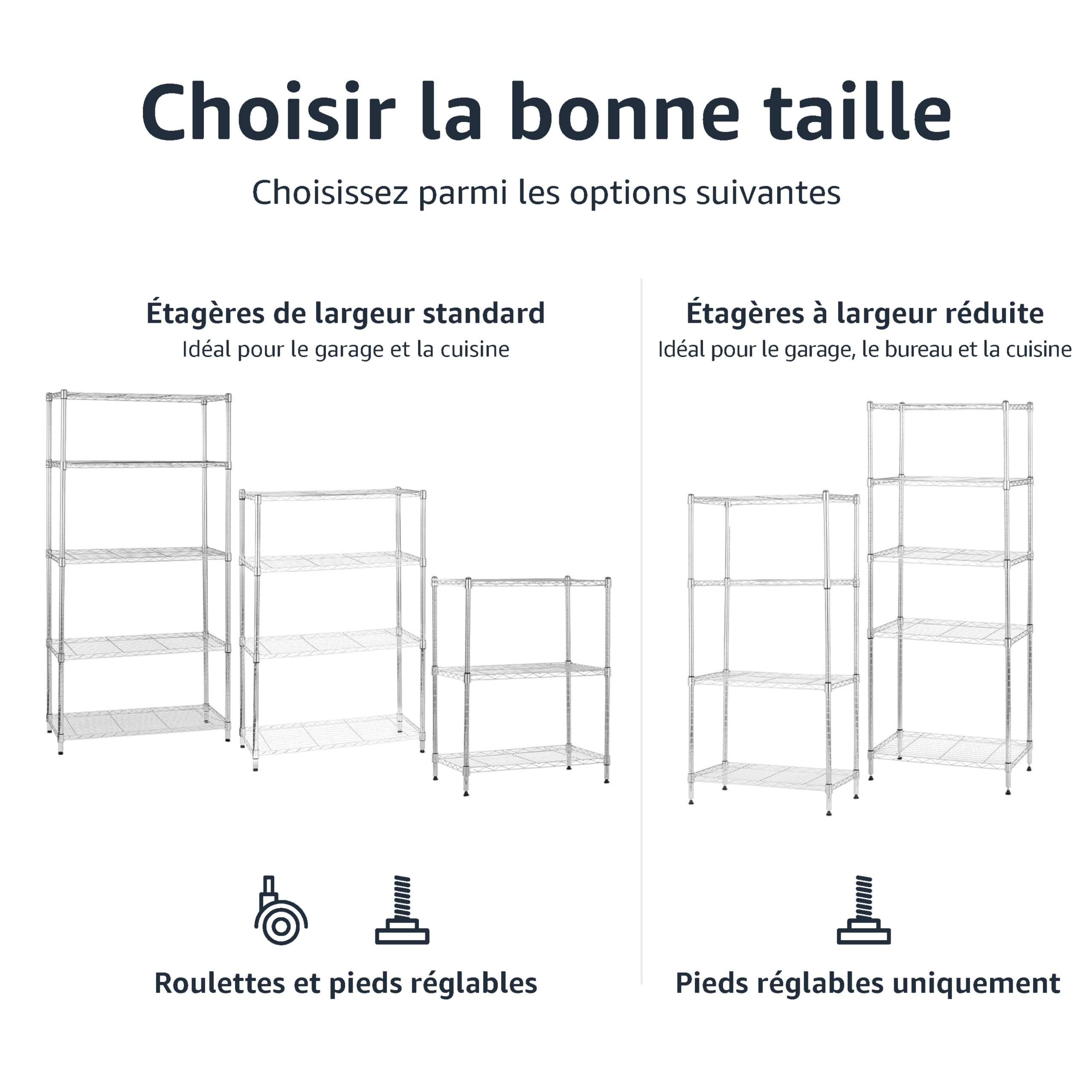 Amazon Basics Étagère à 4 tablettes étroites réglables en hauteur avec pieds de nivellement, charge max. 363 kg, Chromé, 34 x 58.9 x 121.9 cm (l x L x H)