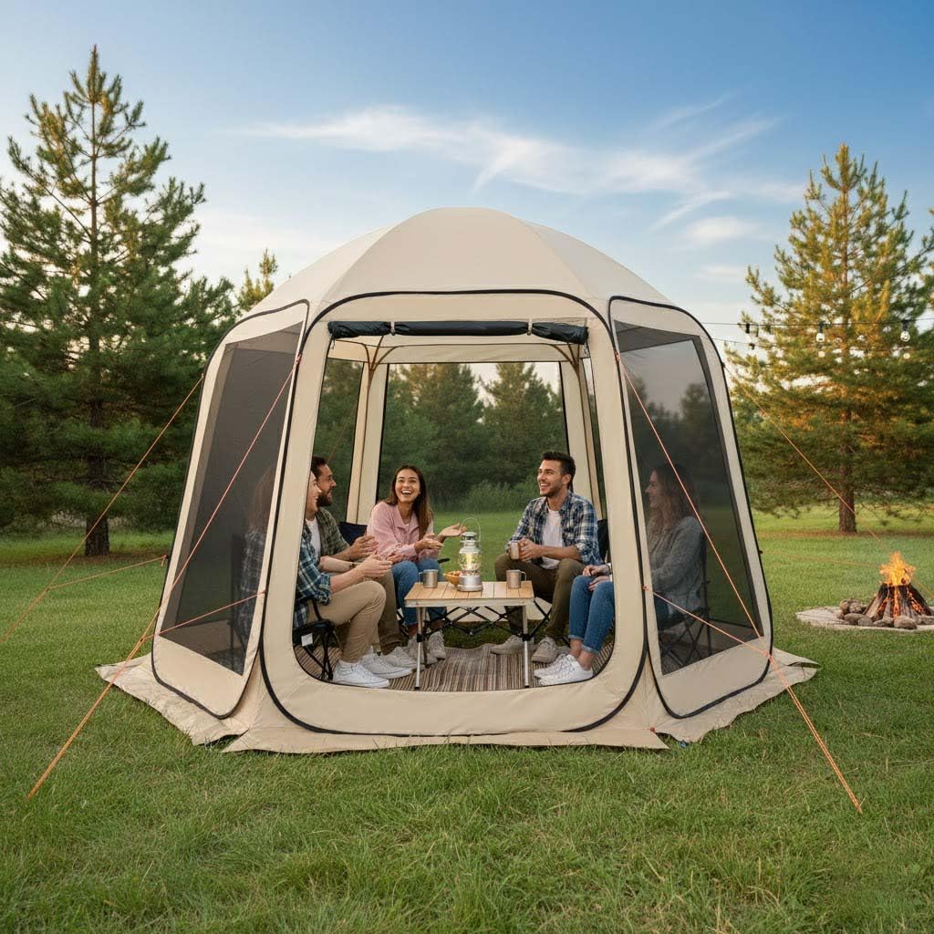 10 x 9.2 ft Screen Tent, Pop Up Canopy Screen House Tent for 4-8 Person, Portable Screened Camping Tents with Netting Sides & Carry Bag, Ground Stakes for Garden, Patio, Outdoor (Beige)