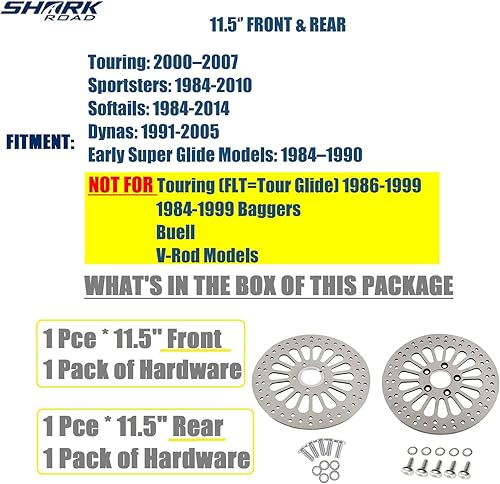 Miniatura 2 de SHARKROAD 1 rotor delantero y 1 rotor trasero de 11.5 pulgadas para Harley Davidson Touring Sportster Softail Dyna Rotor Actualización del sistema