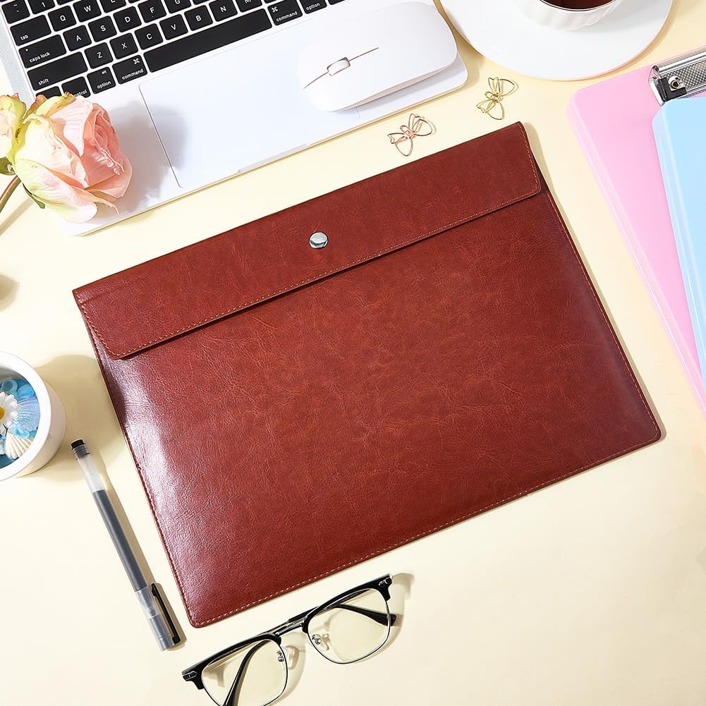 PU Leather A4 Document Holder Waterproof Filing Envelope Portfolio Organizer Expanding File Folder Case Tablet Sleeve with Snap Button for Home School Office Stationery image 4