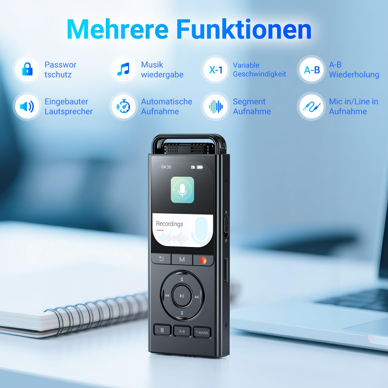 MECHEN 144GB Diktiergerät Digital, Sprachaktiviertes Aufnahmegerät mit 10,000 h Aufnahmezeit, 3072Kbps HD Audio, Rauschunterdrückung, VOR Modus, Passwort & Musikwiedergabe, USB C (V06)