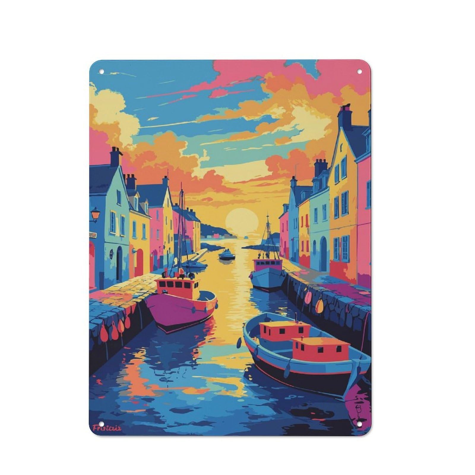 Junmoney Style-5 Vintage Tin Sign 40X30cm With Colorful Harbor Scene Painting For Man Cave Or Games Room, For Winter Room Styling In Man Cave And Games Room