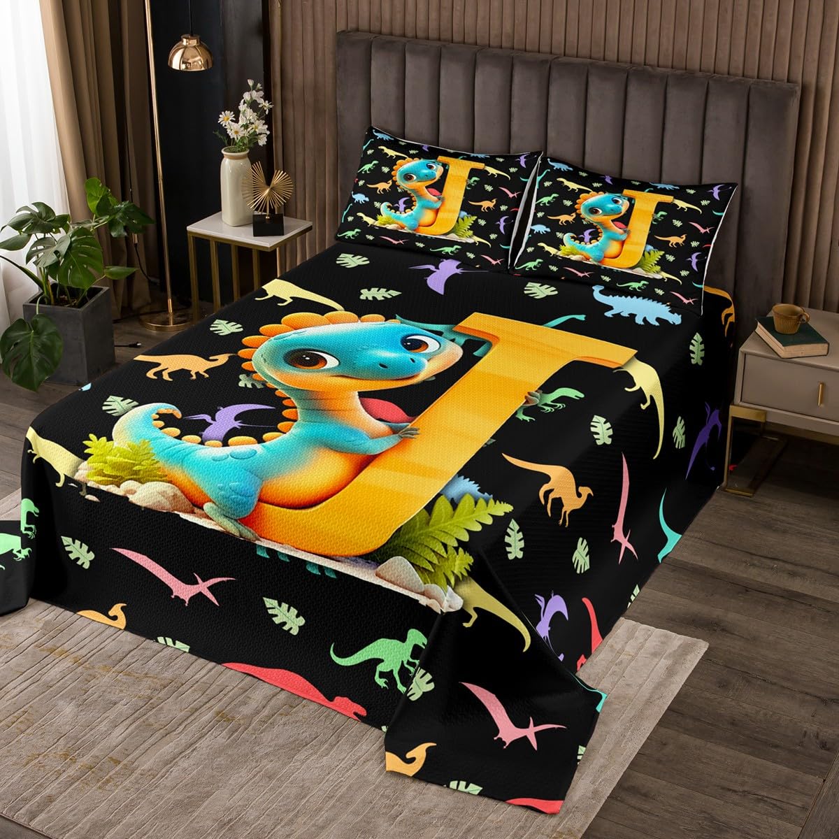Manfei Cartoon Dinosaur Kids Bedspread King Size,3D Initial Letter J Alphabet Coverlet Set,Boys Girls Room Decor,Palm Leaf Kawaii Dino Wild Animal Quilted Coverlet,Black Bedding Quilt,2 Pillowcases