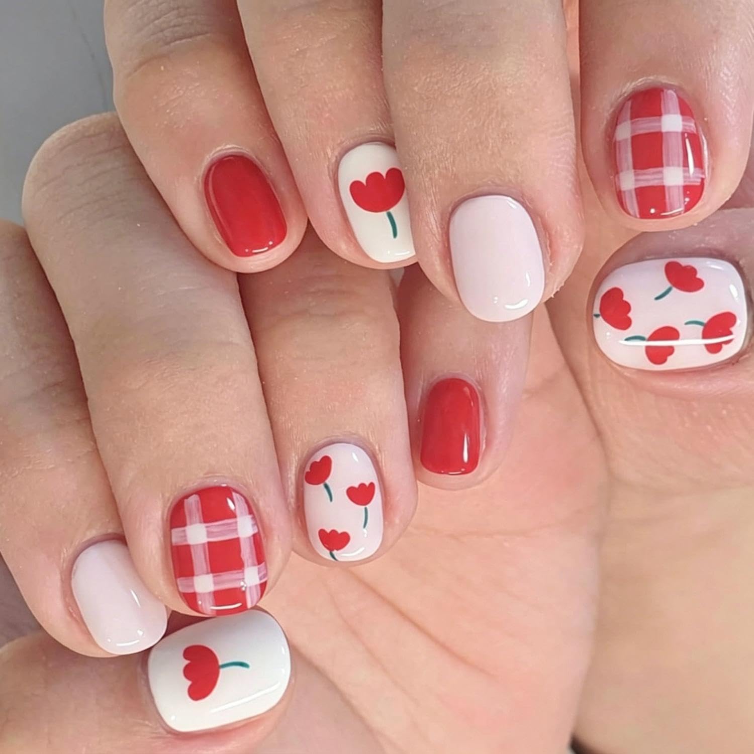 Flowers Short Square Acrylic Press on Nails - Red Grid Design