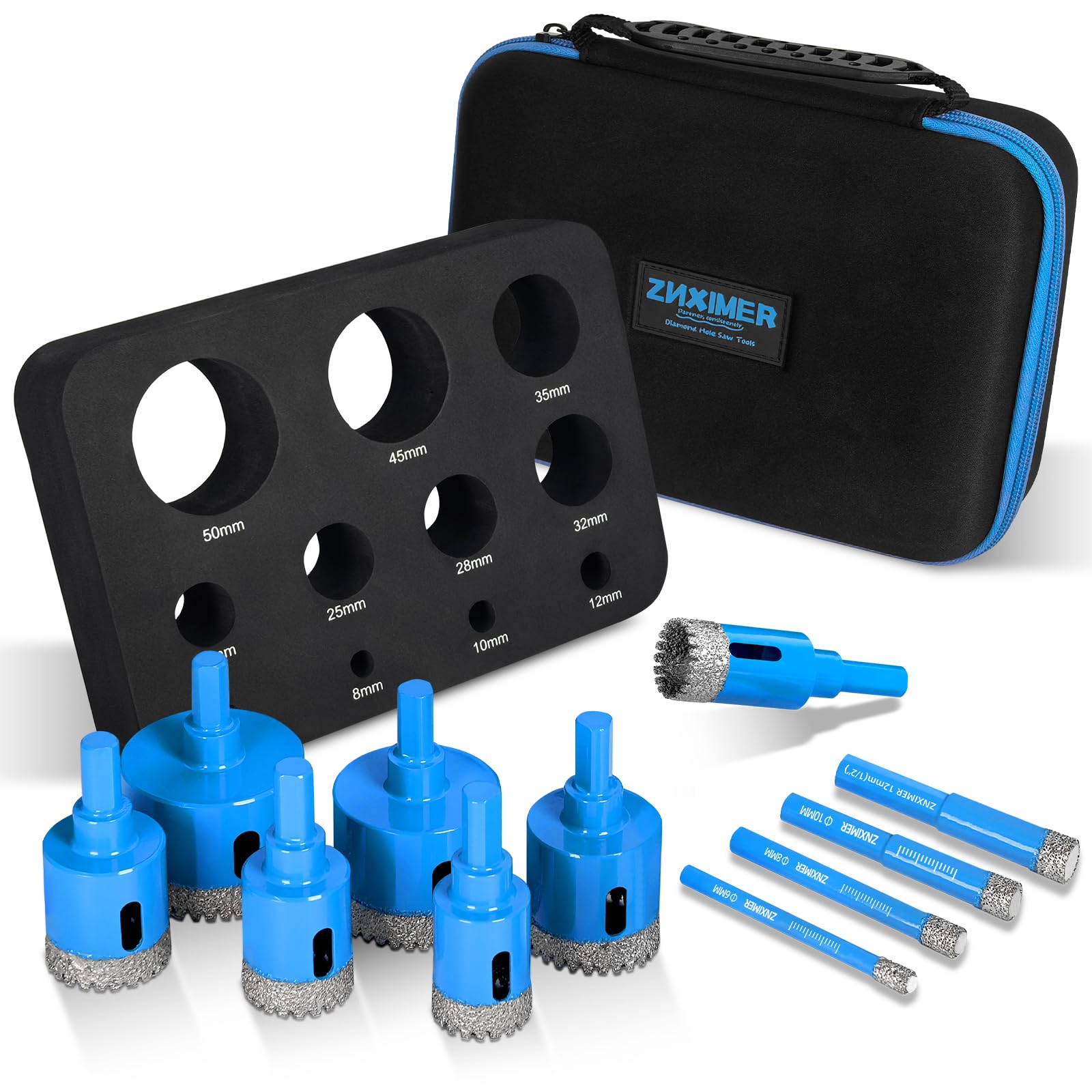 Diamond Tile hole Cutter Set, 11 PCS Serrated Brazing Core Drill Bit Set with EVA Hole Saw Guide Jig, Hole Saw Sets for Ceramic, Glass, Tile, Marble, Granite, Gypsum