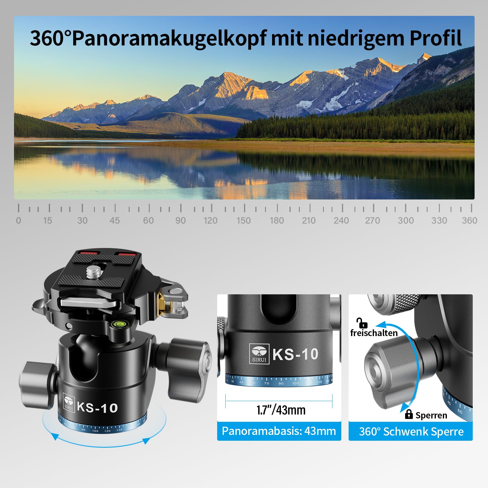 SIRUI KS-10 Kugelkopf Low Profile für Stativ, 29 mm 360° Panorama Aluminium Stativkopf für Kamera, Camcorder, Kugelkopf für Stativ, Einbeinstativ, Maximale Belastbarkeit 15 kg