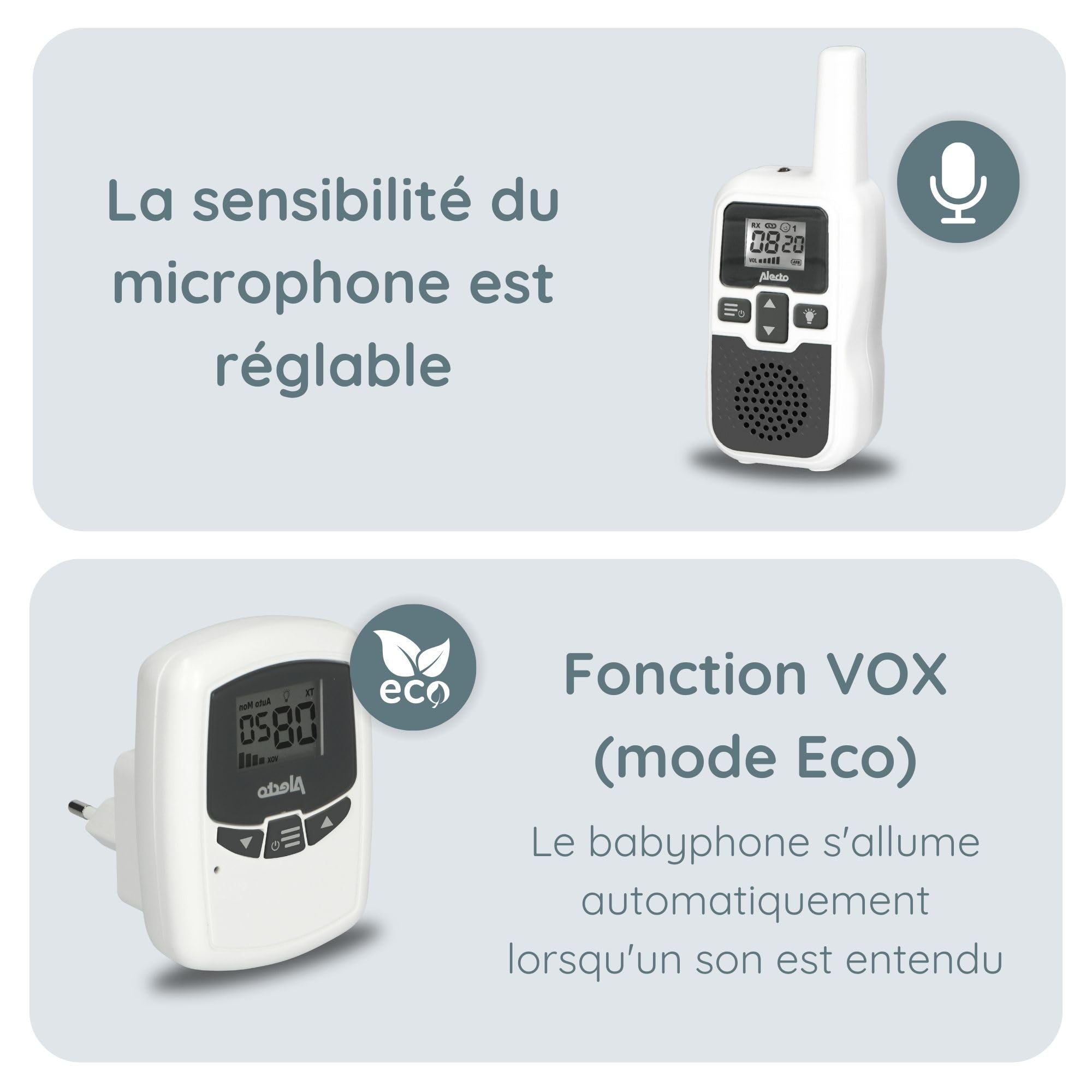 Alecto bébé DBX80 Babyphone Audio, Babyphone Longue Portée, sans Fil - Portée jusqu'à 3000 mètres - Longue autonomie en Veille (jusqu'à 9 Heures) - VOX - Sensibilité réglable - Extensible - Blanc