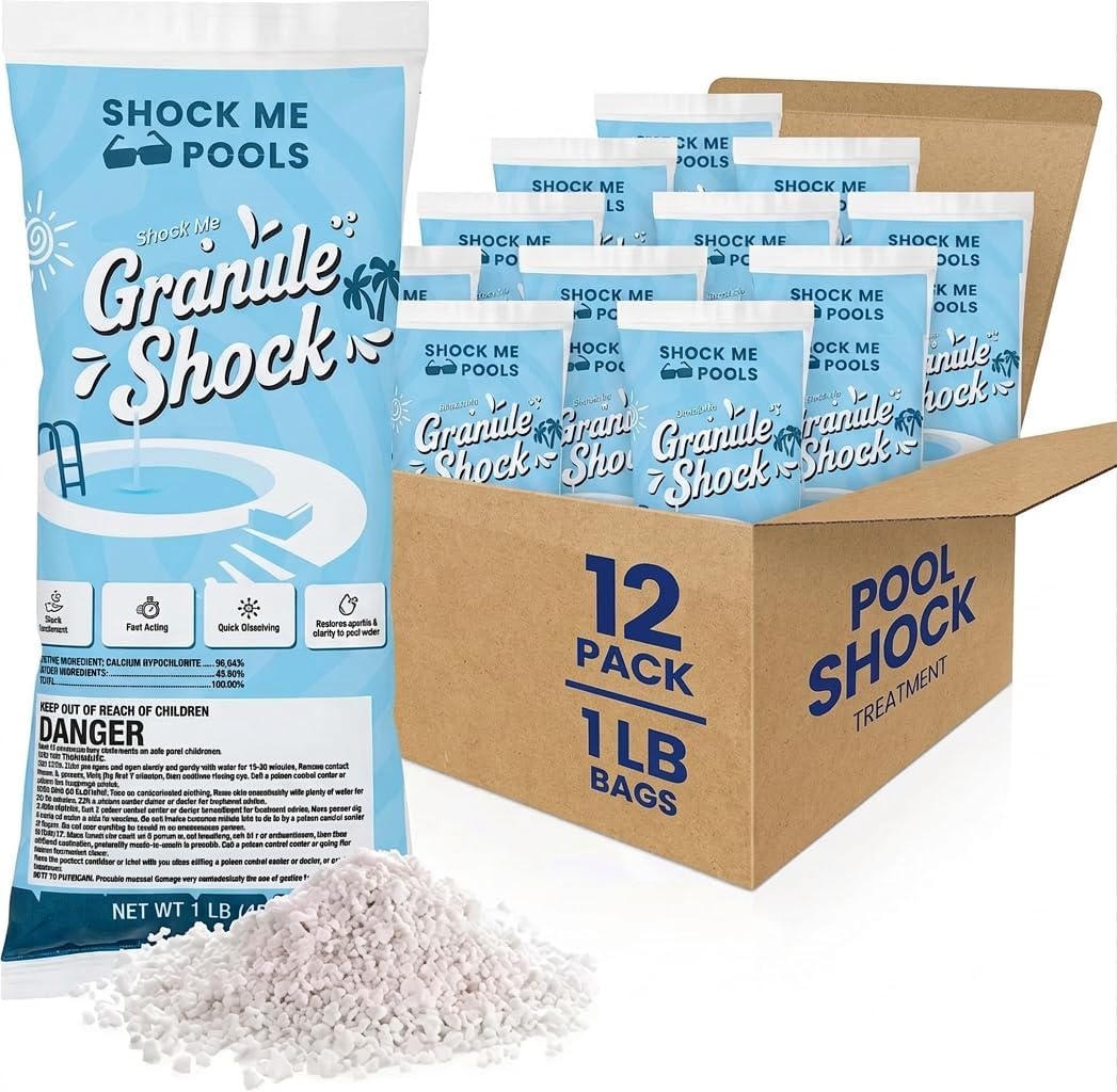 Shock Me Granule Pool Shock – Fast-Dissolving Chlorine Shock Treatment for Swimming Pools – Powerful Pool Water Clarifier & Sanitizer – for Inground & Above Ground Pools – 1 lb Bag (12 Pack)