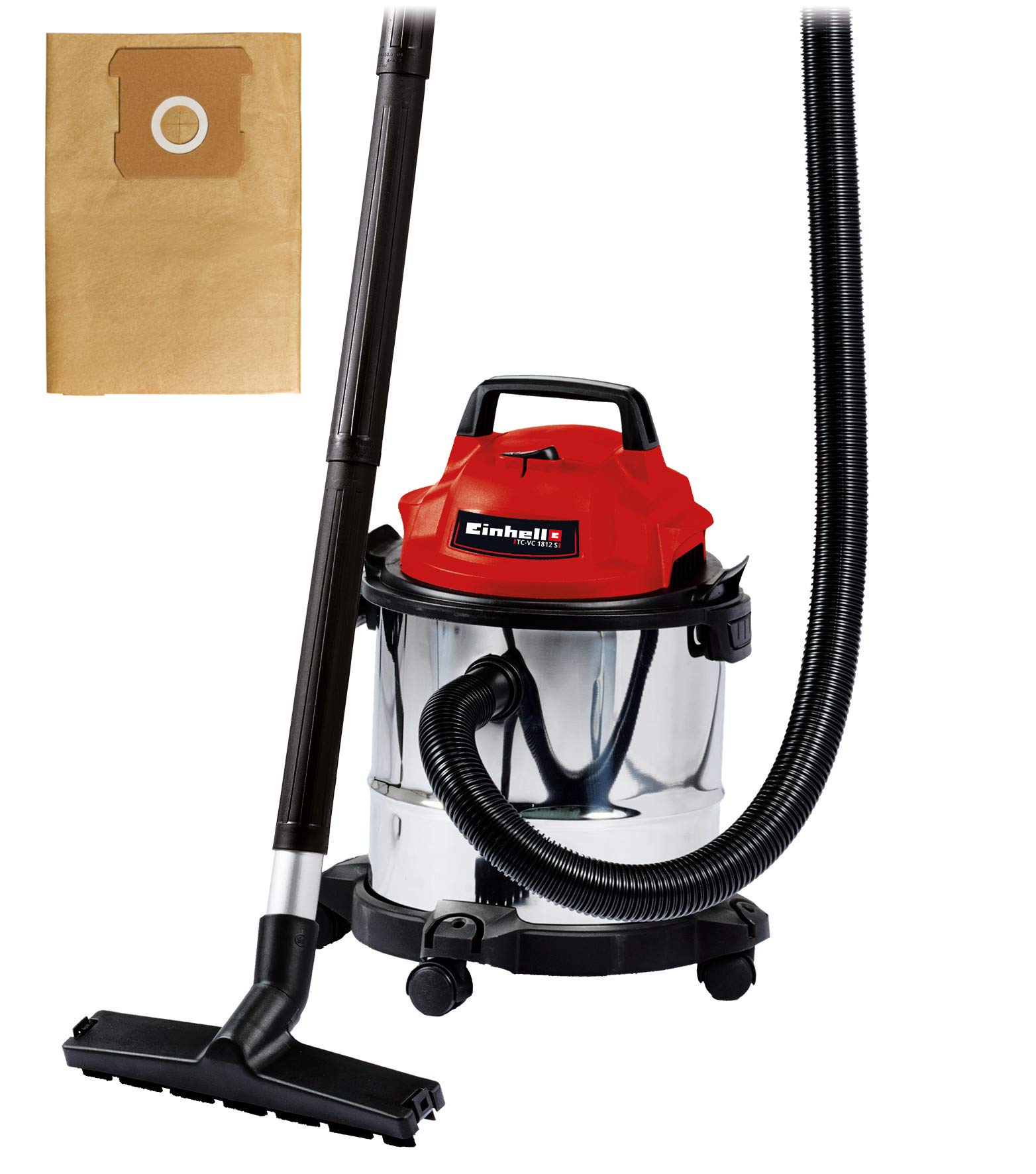 Einhell Aspirador en seco y húmedo TC-VC 1812 S & 2351159 - Pack de 5 bolsas de aspiradora, 12 l, color marrón